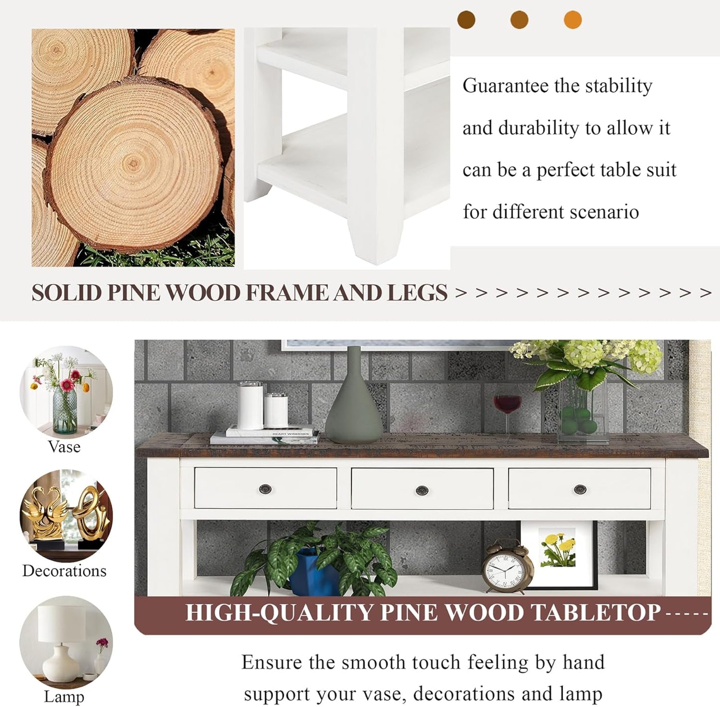 Solid Wood Console Table,Sofa Table with Storage Drawers and Bottom Shelf,Entryway Table for Entry Hallway Foyer Sofa Couch Table,Fully Assembled (48.8" Antique White)