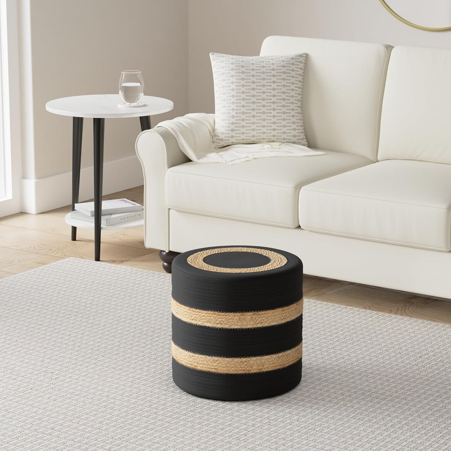 REDEARTH · Cylindrical Pouf Foot Stool Ottoman - Jute Braided Pouffe Poof Accent Sitting Footrest for The Living Room, Bedroom, Nursery, Patio, Lounge & Other Rooms (14.5”x14.5”x16”; Black Natural)