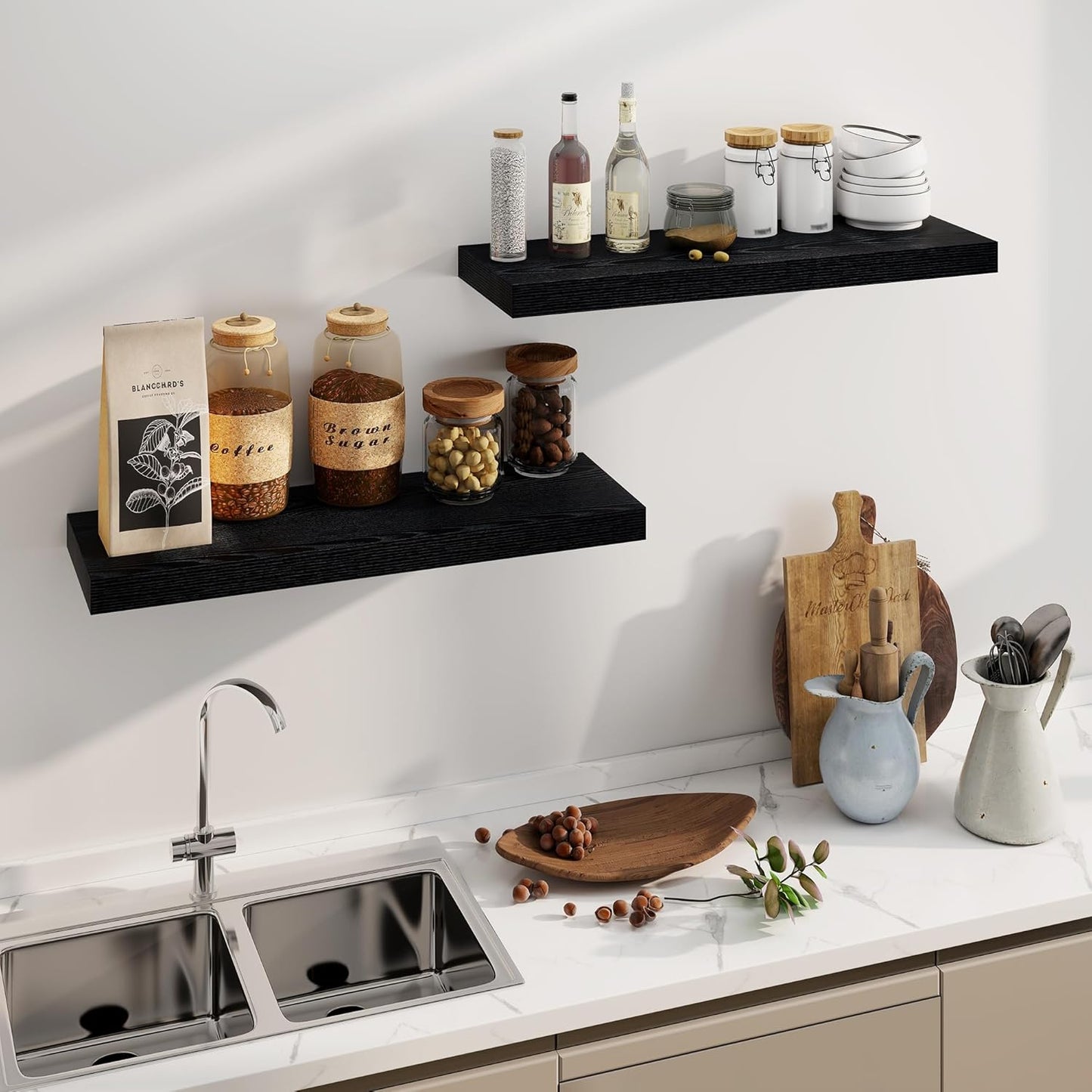 Fun Memories Black Floating Shelves 36 Inch Long, 8 Inch Deep Floating Shelf for Wall, 36" W x 8" D Wall Shelves Set of 2, Black Deep Floating Shelves for Bedroom, Living Room, Kitchen