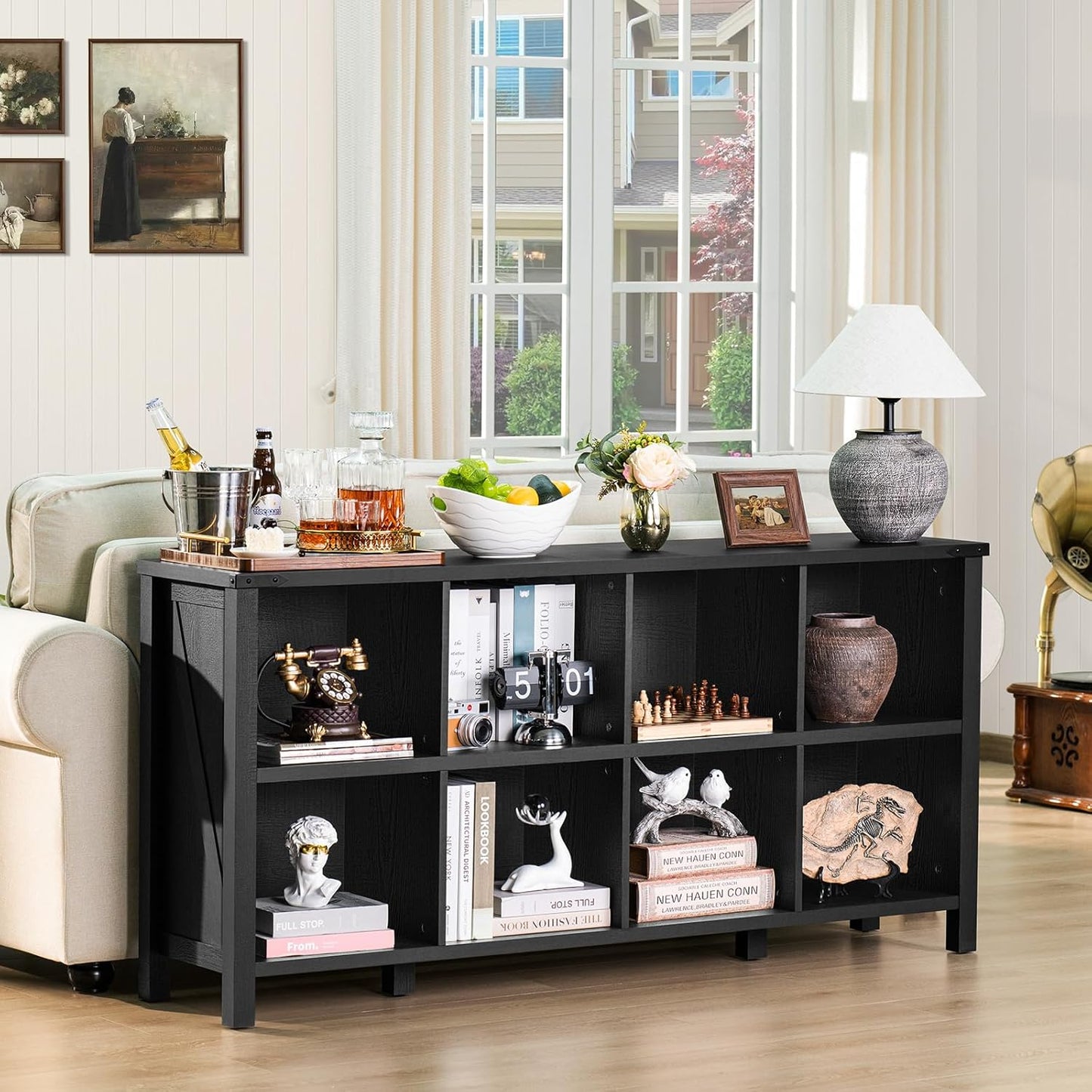 8 Cube Book Shelf, Farmhouse Wood Long Storage Organizer Bookcase, 62" Horizontal Black Console Closet Bookshelf, Hallway TV Stand for Entryway, Display Cabinet Book Case for Living Room