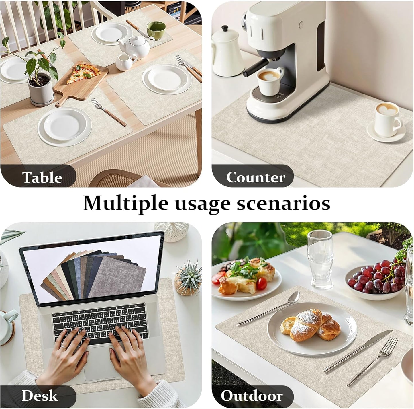 FROMHEART Faux Leather Placemats Set of 8–Waterproof,Heat/Oil Stain-Resistant PU Table Mat–Reversible,Non-Slip,Easy to Clean Place Mats for Kitchen,Dining,Indoor/Outdoor,(Beige,11.8" x 17")