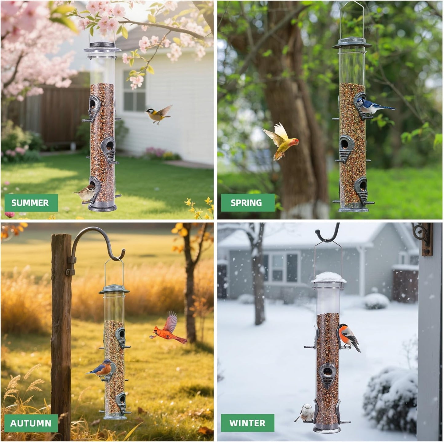 MIXXIDEA 1PK Metal Bird Feeders with 6 Feeding Ports,Tube Bird Feeder with Steel Hanger,Hard Plastic Wild Bird Feeder for Outdoors Hanging, Attracting Birds in Your Lawn, Garden, Balcony-Grey