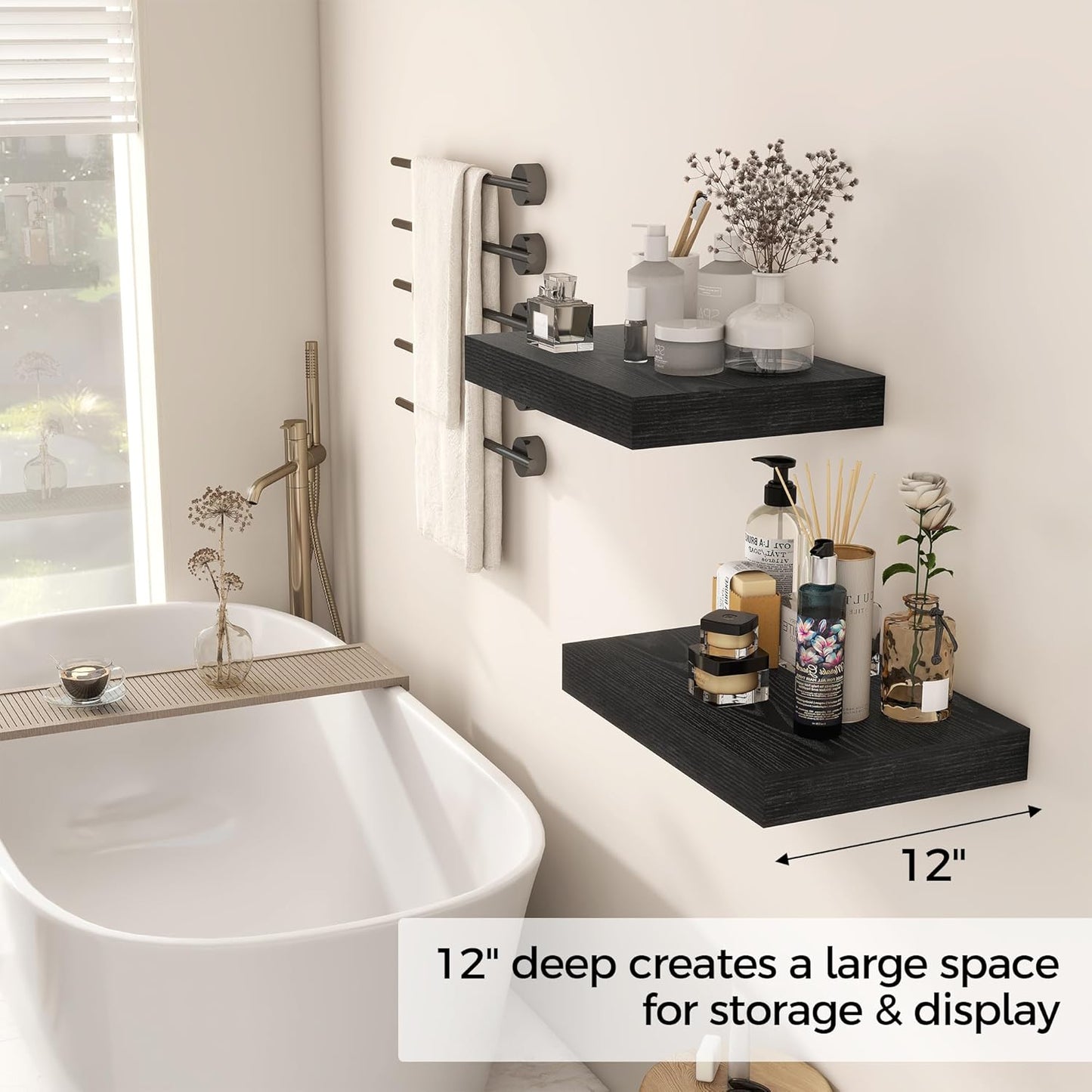 12 Inch Deep Black Floating Shelves, 16 x 12 Floating Shelf for Books, Rustic Wood Deep Wall Shelves for Home Storage & Display, 2" Thicked Shelves for Kitchen, Living Room, Bedroom, 2 Pack