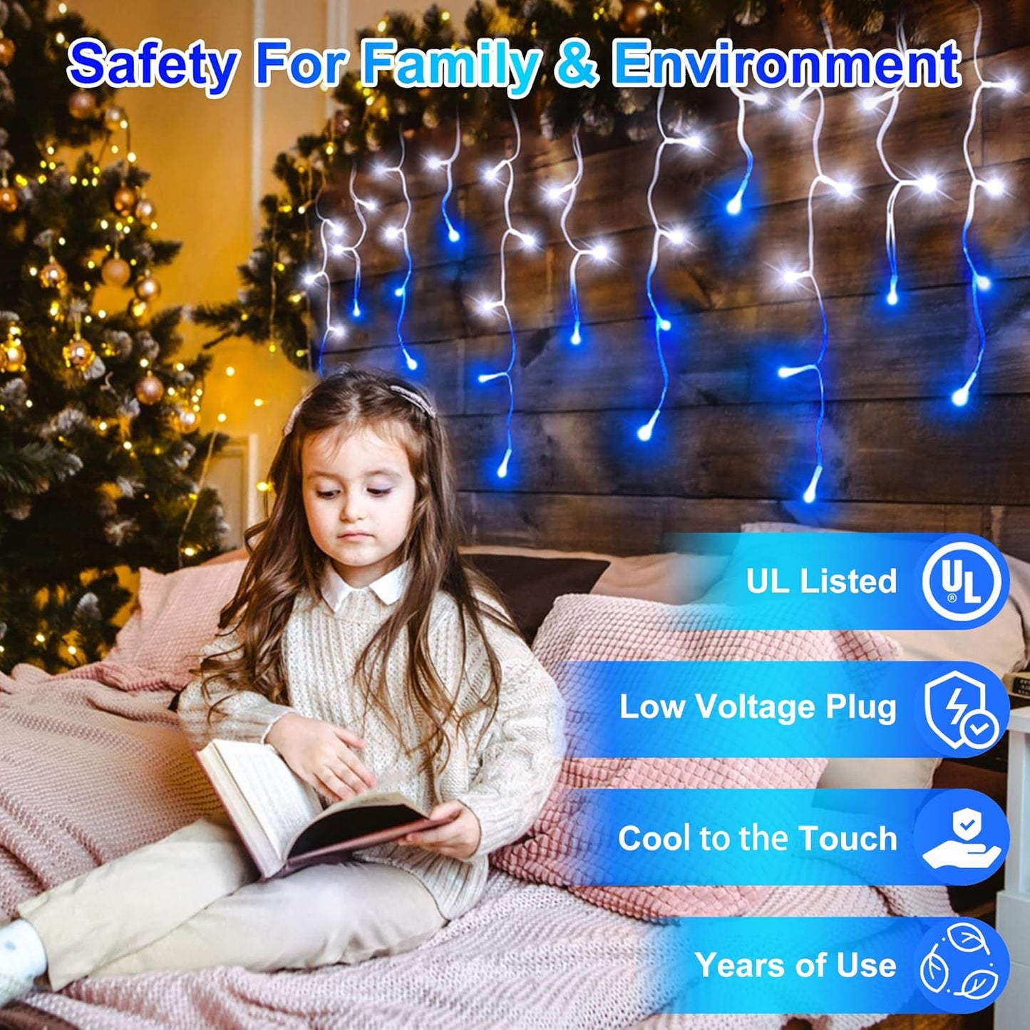 1296LED Christmas Lights with 288 Drops, 131ft 8 Modes Christmas String Lights Outdoor, Waterproof Christmas Decorations Fairy Lights with Timer Memory for Party Patio Window Fence Blue & CoolWhite