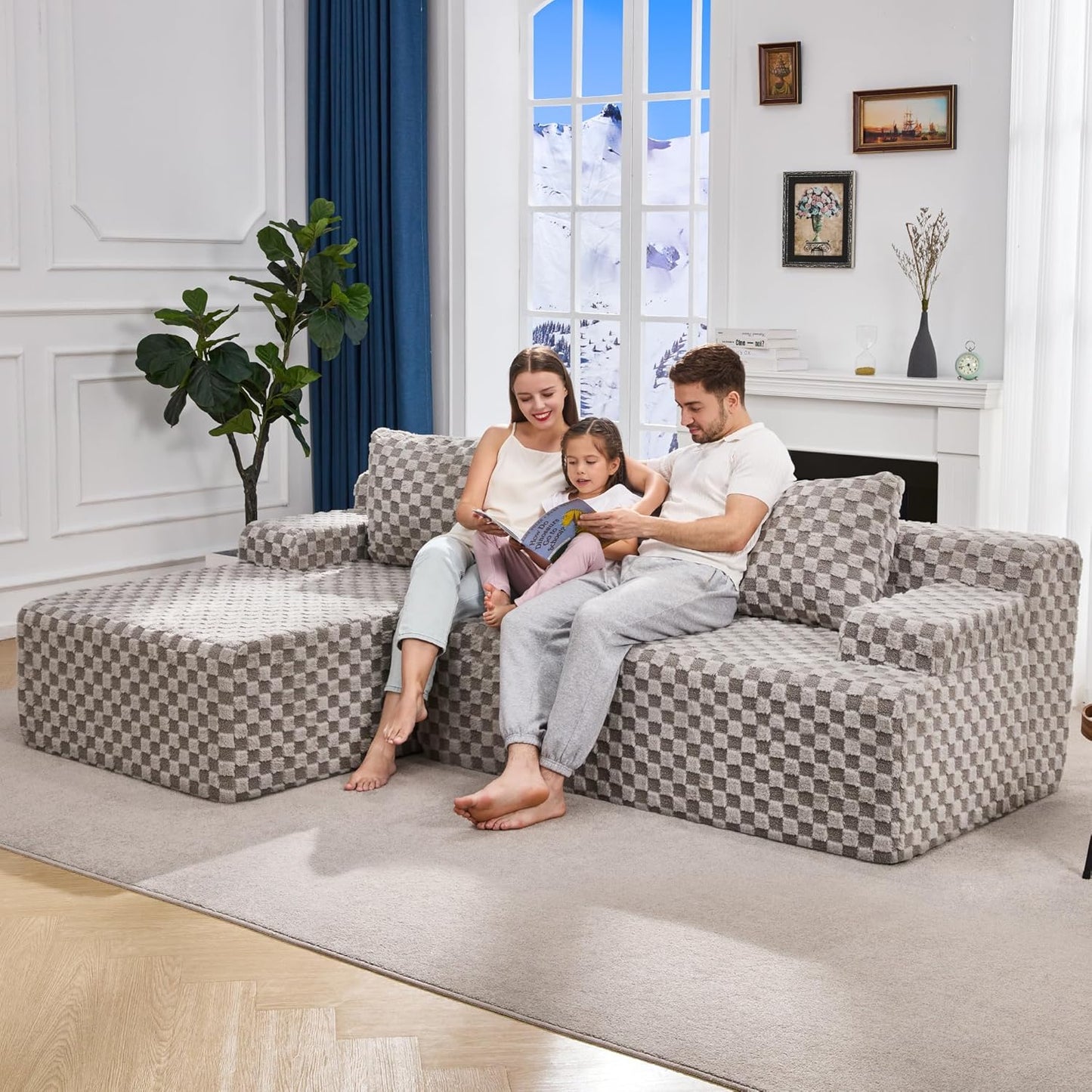 Hobestluk 96” Modular Sectional Sofa Couches L-Shape Couch 3 Seat Modular Sofa Memory Foam Sectional Couches for Living Room, Cloud Couch with Oversized Chaise (Grey, Checked (Left Facing Chaise))