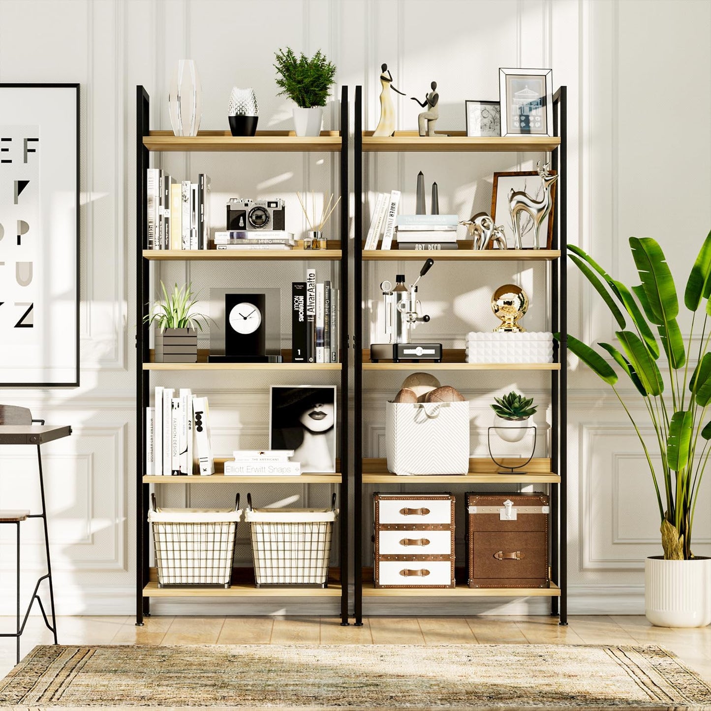 NUMENN Bookshelf, 5 Tier Bookshelves, Home Office Bookcase Shelf Storage Organizer, Free Standing Storage Shelving Unit for Bedroom, Living Room and Home Office, Natural