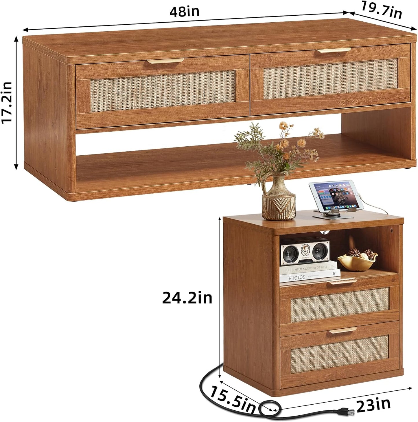 LEYAOYAO Boho Rattan Coffee Table and End Table Sets, 48" Wide Center Tables & 23" Night Stand with Charging Station Chest of Drawers, Brown Wood Coffee Table for Living Room 3 Piece Set