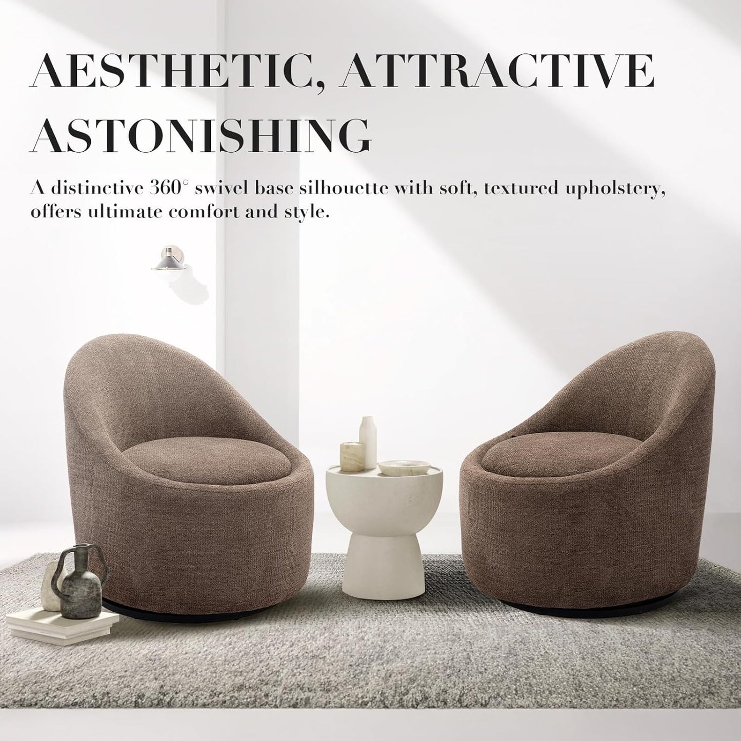 COLAMY Swivel Accent Chair Set of 2, 360° Swivel Round Chair with Hidden Storage, Modern Small Barrel Armchair for Living Room/Bedroom, Brown