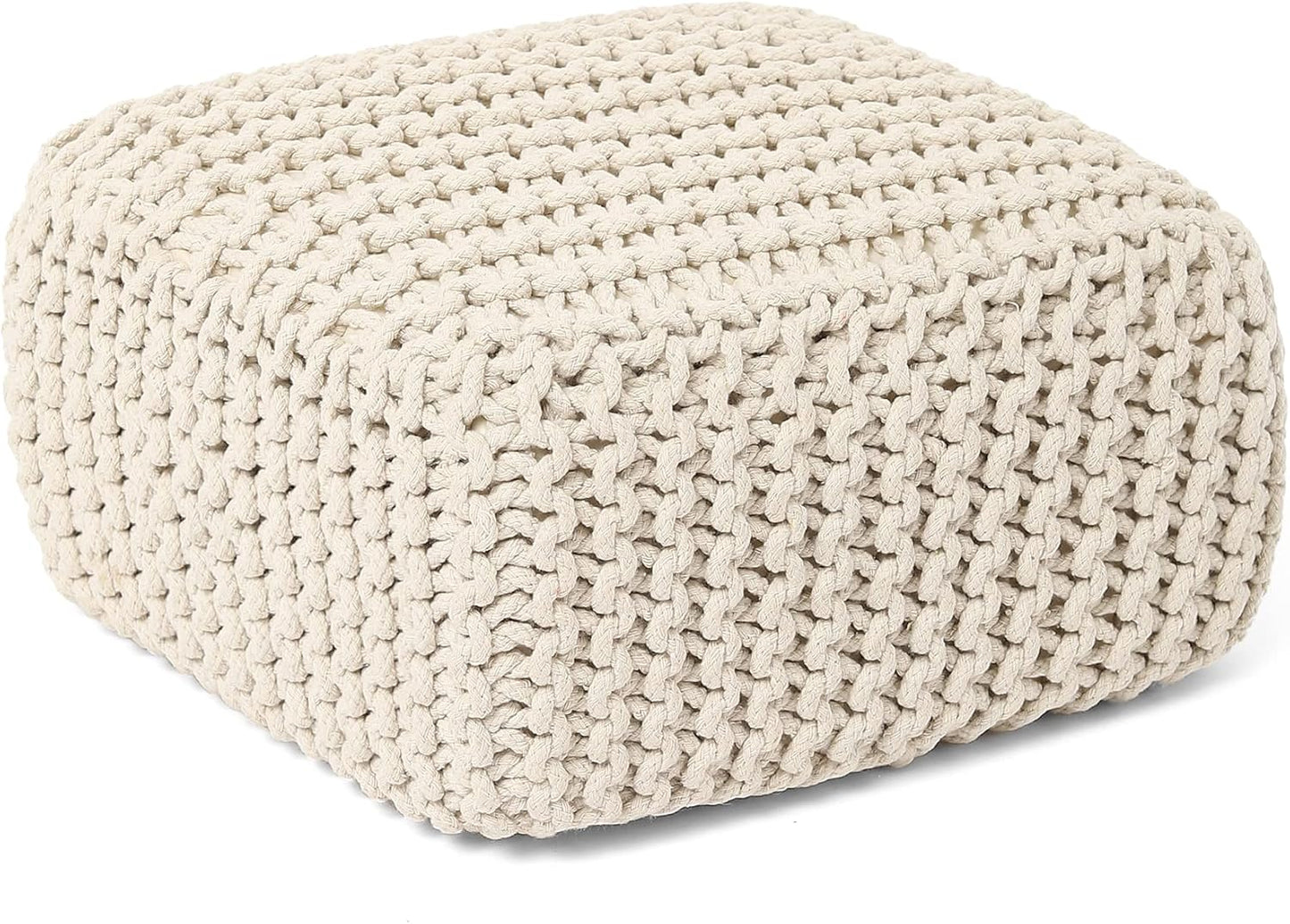 REDEARTH · Cube Low Pouf Foot Stool Ottoman - Hand Knitted Poof - Cord Boho Pouffe - Home Décor - Stuffed Footrest for Living Room - Nursery - Bedroom - Covered Patio - Room (16" x 16" x 8") - Ivory