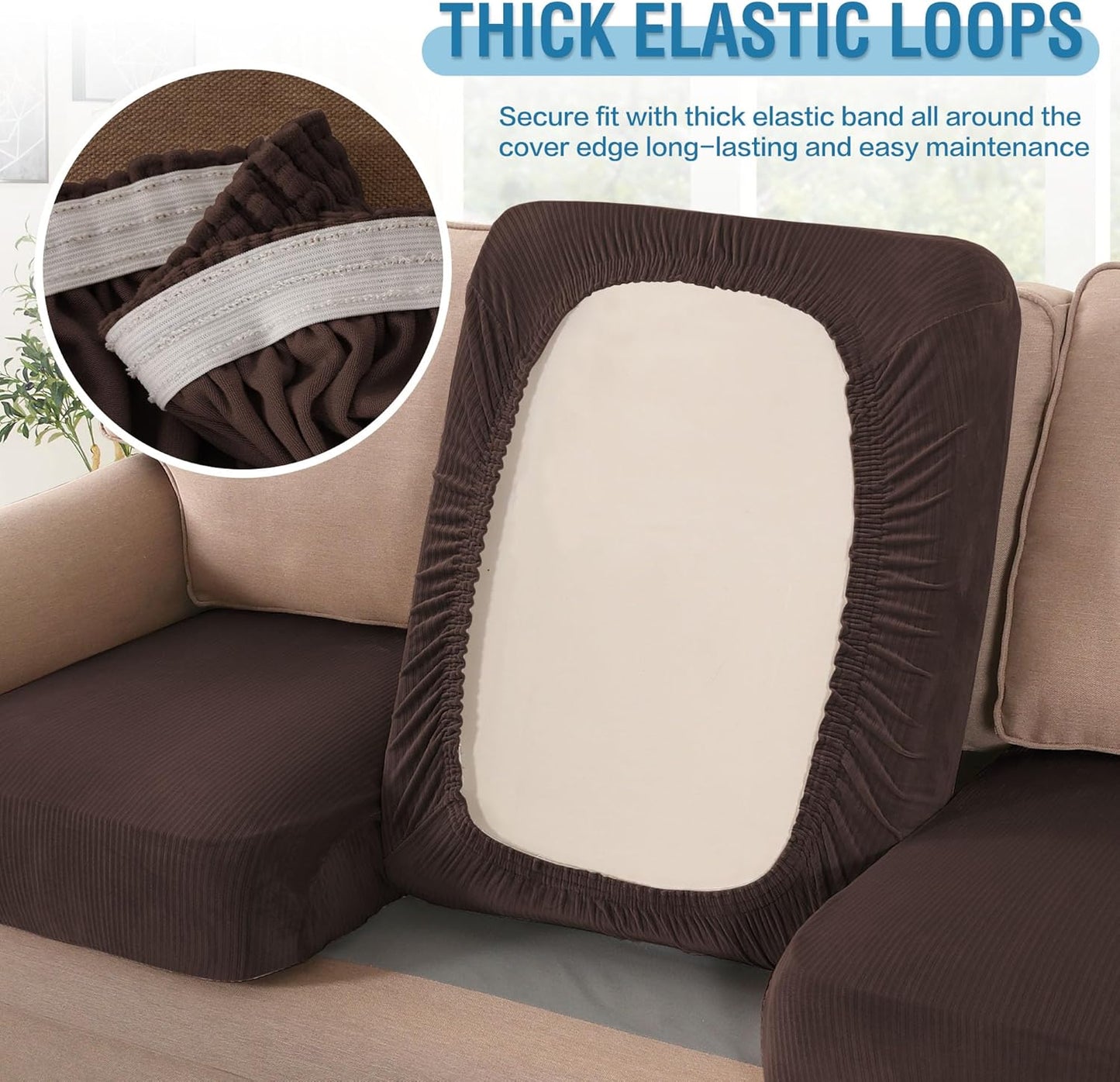 H.VERSAILTEX Velvet Stretch Couch Cushion Cover Plush Cushion Slipcover for Chair Loveseat Sofa Cushion Furniture Protector Seat Cushion Sofa Cover (3 Piece XL Sofa Cushion Covers, Brown Striped)