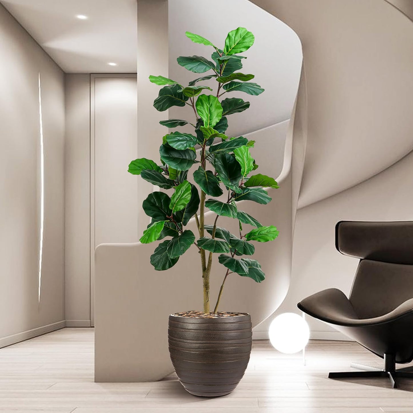 Artificial Fiddle Leaf Fig Tree, 7FT Tall Faux Ficus Lyrata Fake Tree in White Pot, Artificial Tree Indoor Decor, Fiddle Leaf Fig Tree Fake Plant for Home Office Living Room Decoration Modern
