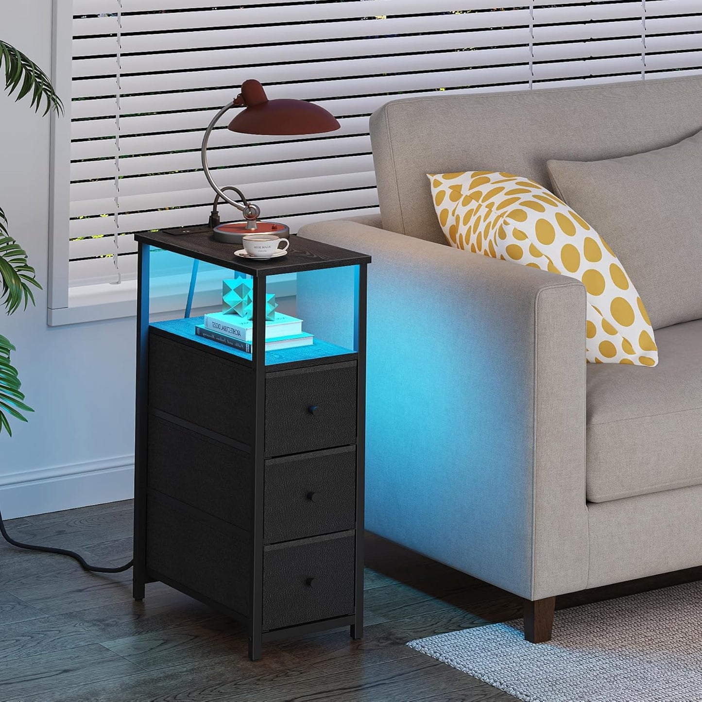 TUTOTAK Narrow LED Night Stand with Charging Station, Slim End Table with Plugins, Tall Side Table with 3 Fabric Drawer, Small Bedside Table with Storage, for Living Room, Black TB01BK086L