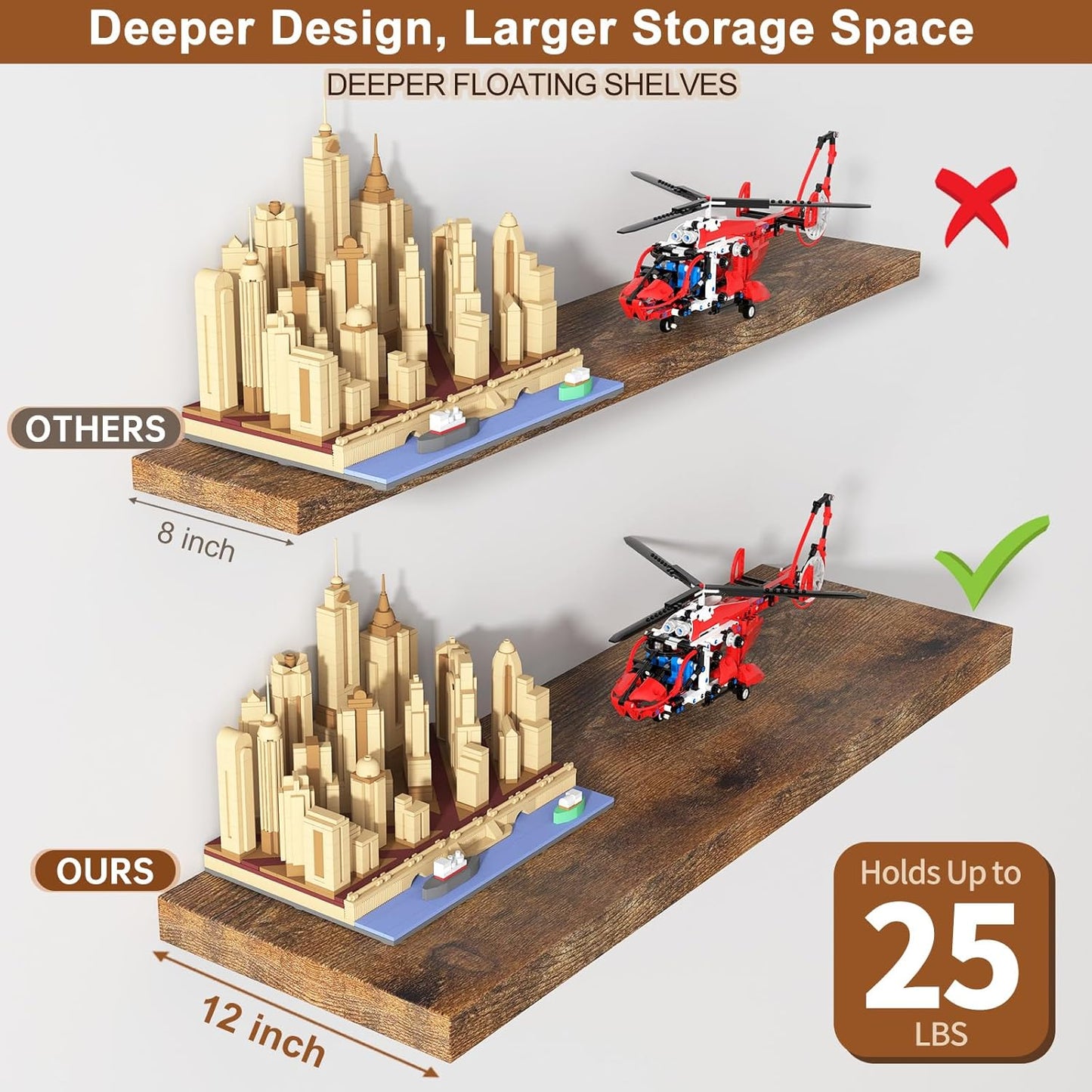 12 Inch Deep Floating Shelves for Wall 2 Pack Floating Shelves Large Storage Space Wall Mount Shelf for Living Room Kitchen Bathroom 36" W x 12" D x 1.2" H Rustic Brown