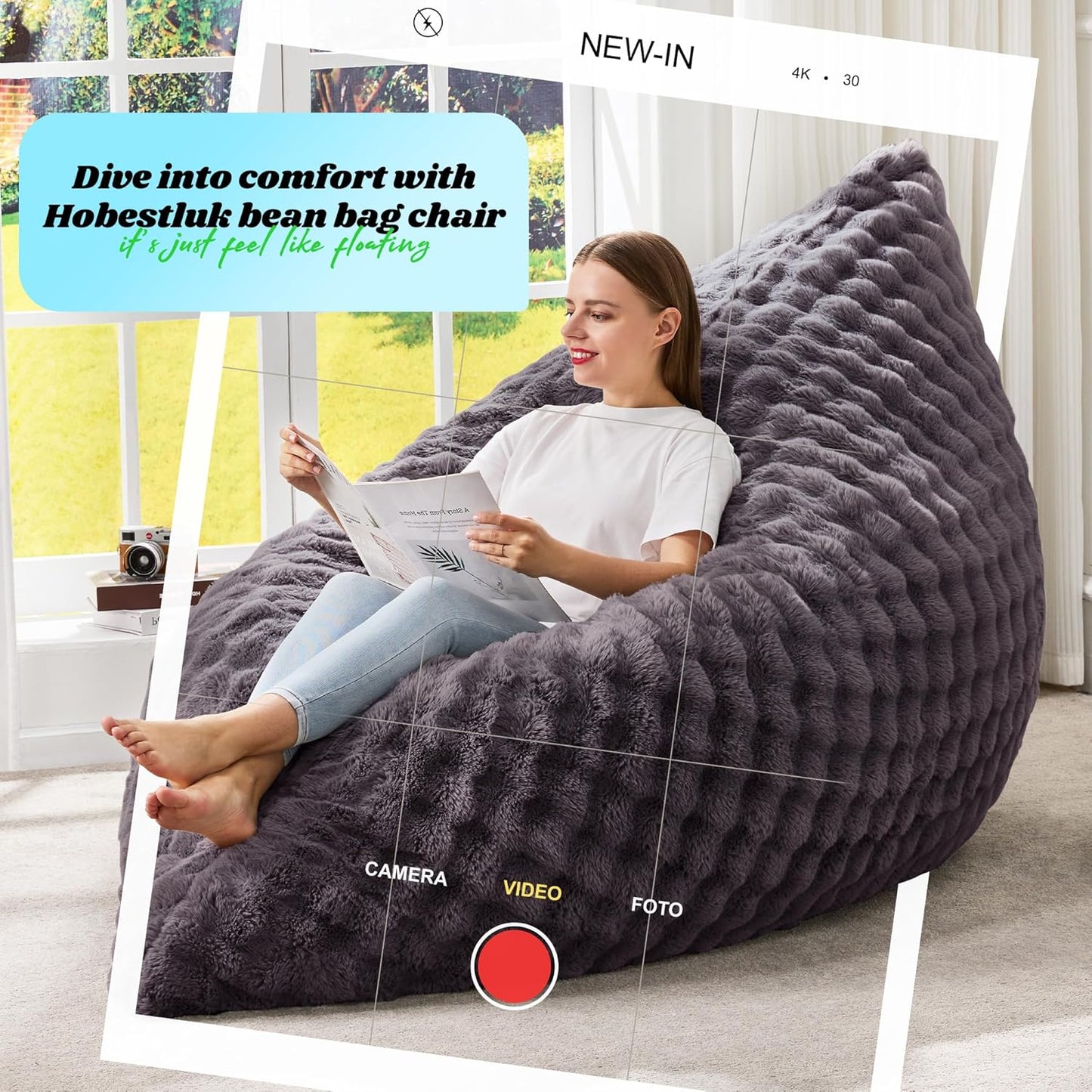 Hobestluk 3 in 1 Bean Bag Chair Giant Bean Bag Chairs for Adults with Bubble Cover Convertible Bean Bag Floor Cushion with Machine Washable Cover for Living Room (Bubble Dark Grey)