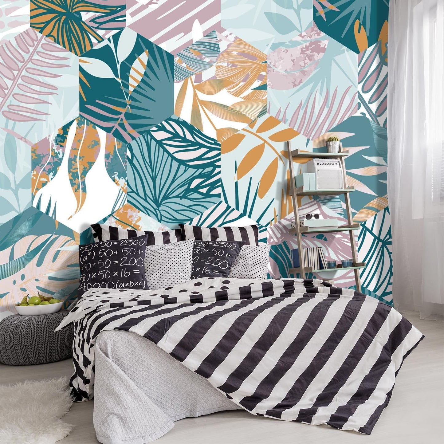 -Abstract Geometry Botanical Banana Leaf Fabric Wallpaper Living Room Bedroom Bathroom Tropical Plant Leaf Large Wall Mural- 137"x96"( not Peel and Stick)