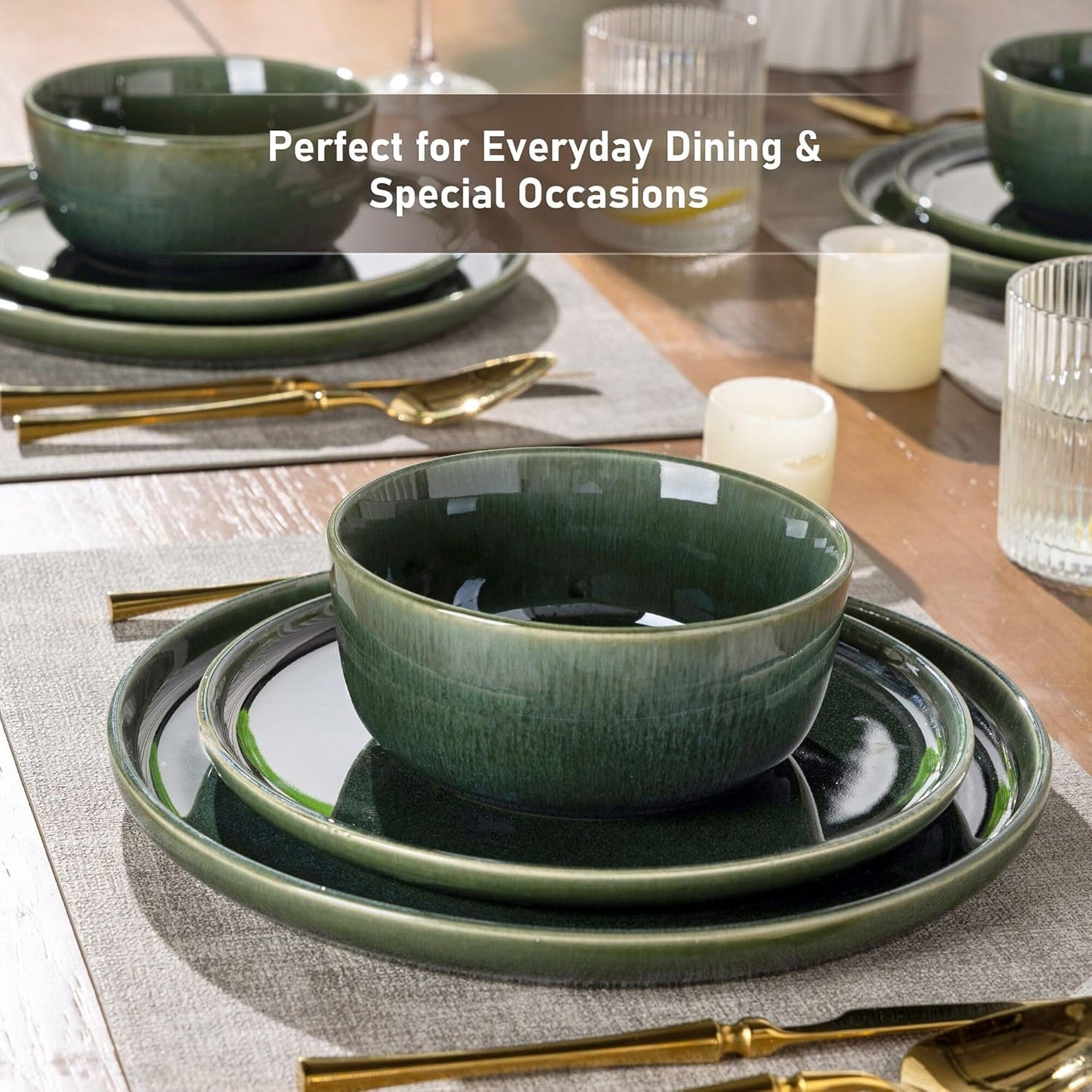 GBHOME Ceramic Dinnerware Sets for 8, 24 Pieces Stoneware Plates and Bowls Sets, Reactive Glaze Dishes -Scratch Resistant, Dishwasher&Microwave Safe, Earth Green