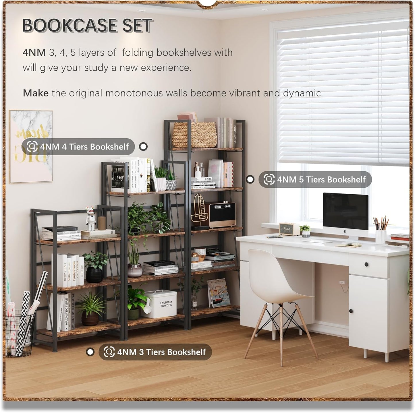 4NM No Assembly Foldable Bookshelf, 5-Shelf Collapsible Bookcase Storage for Small Spaces, 62.2" H, Rustic Brown and Black