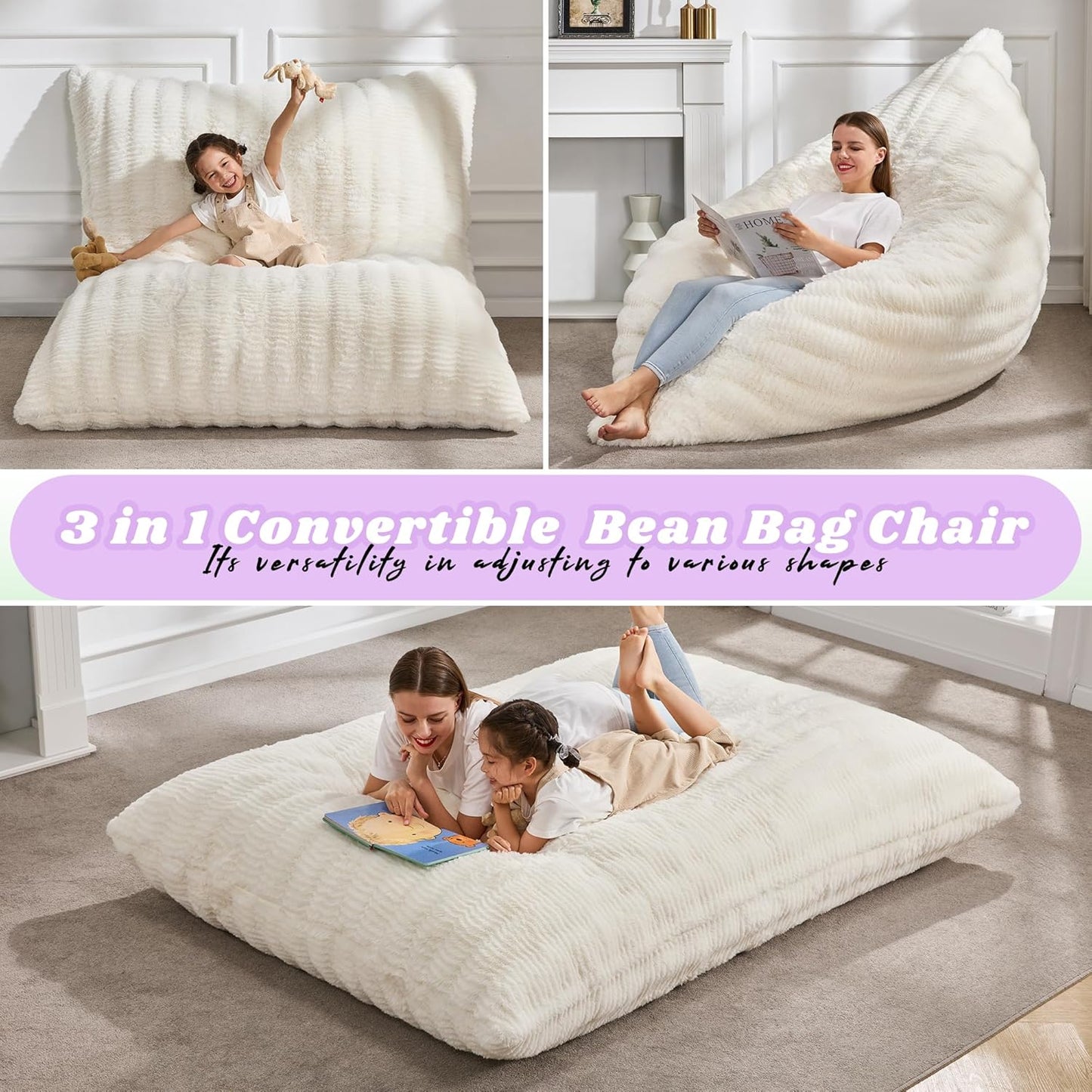 Hobestluk 3 in 1 Bean Bag Chair Giant Bean Bag Chairs for Adults with Ripple Cover Convertible Bean Bag Floor Cushion with Machine Washable Cover for Living Room (Ripple White)