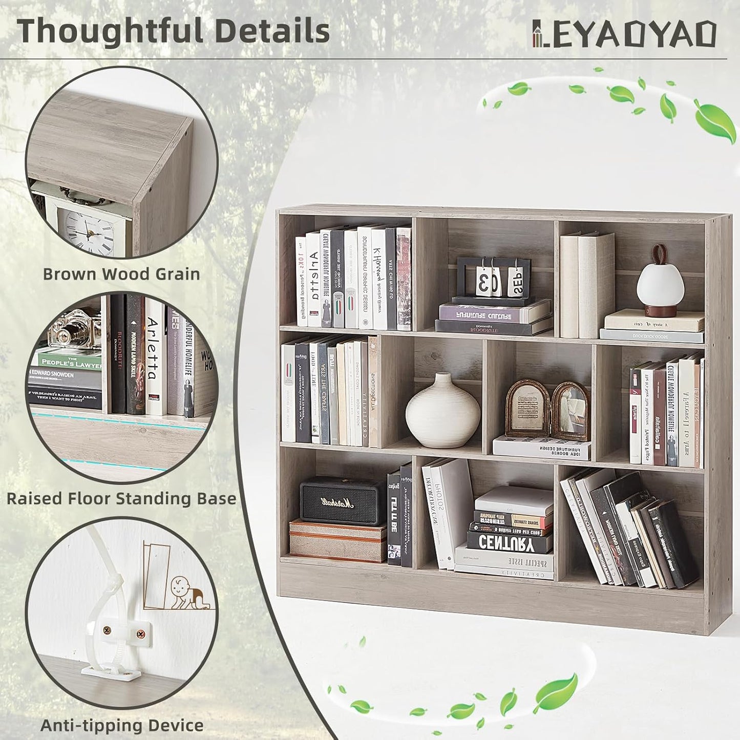 LEYAOYAO 10 Cube Bookshelf with Base,3 Tier Mid-Century Modern Grey Bookcase,Standing Wide Bookshelves Storage Organizer Shelf,Rustic Wood Display Cabinet Book Shelves for Bedroom,Living Room,Office