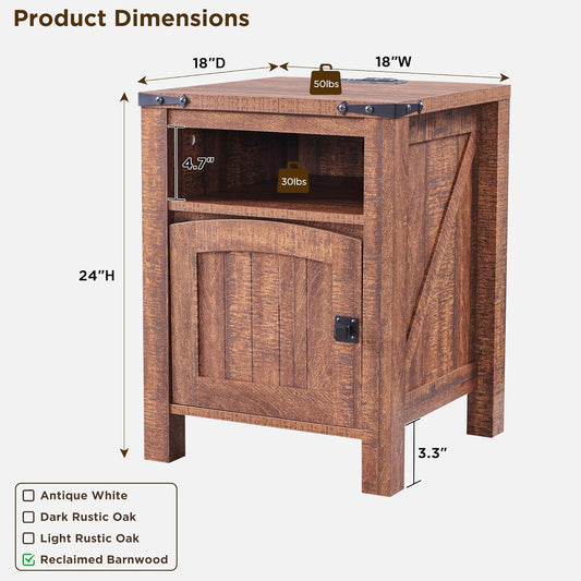 OKD Farmhouse Nightstand with Charging Station, 18" Rustic End Table with Adjustable Storage Shelf, Wood Rustic Wood Sofa Side Table for Bedroom