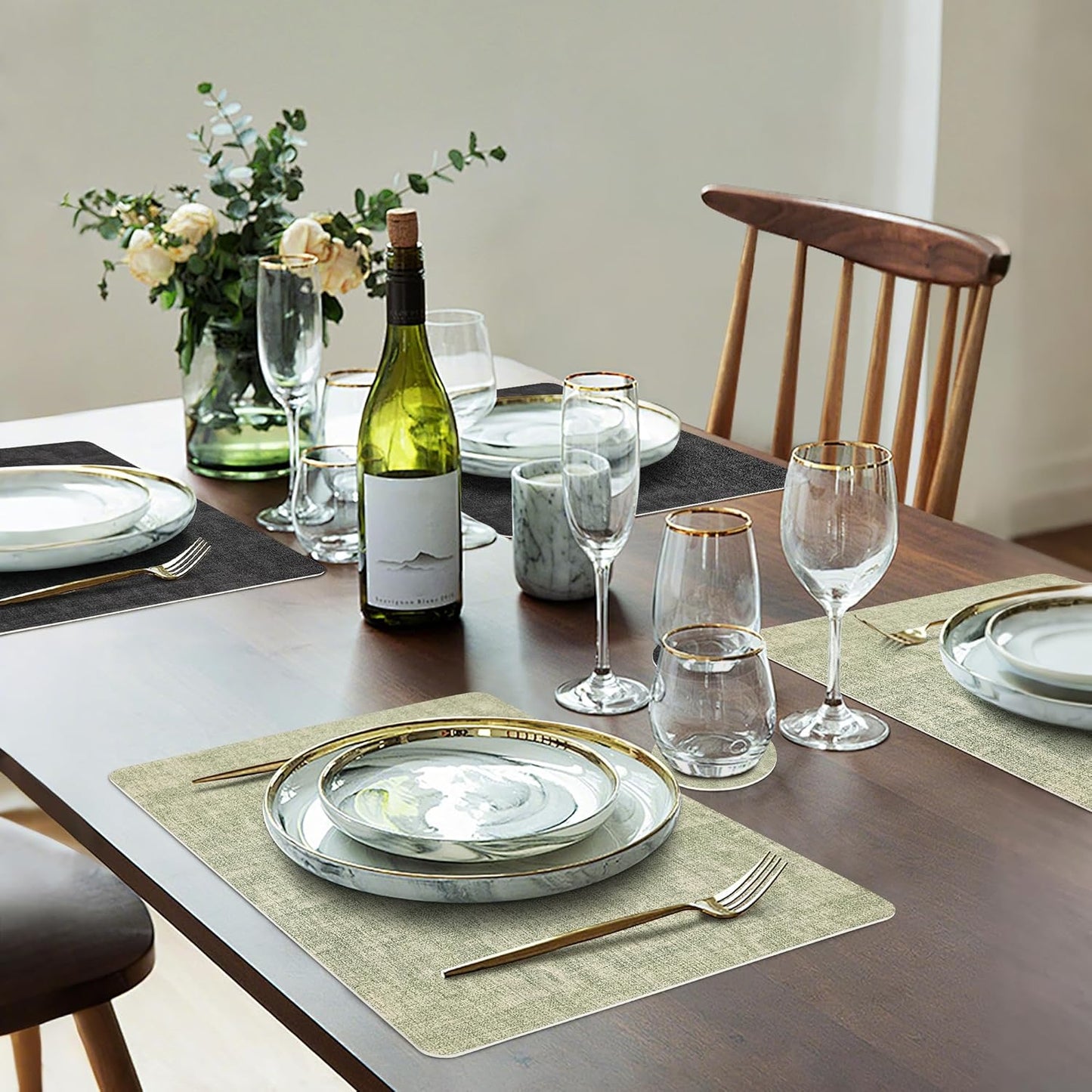 Faux Leather Dual Sided Placemats Set of 6, Square Non-Slip Heat Resistant Placemats with Coaster, Reversible wipeable Waterproof Table Mats for Kitchen, Dining, Outdoor (6, Black Light Green)