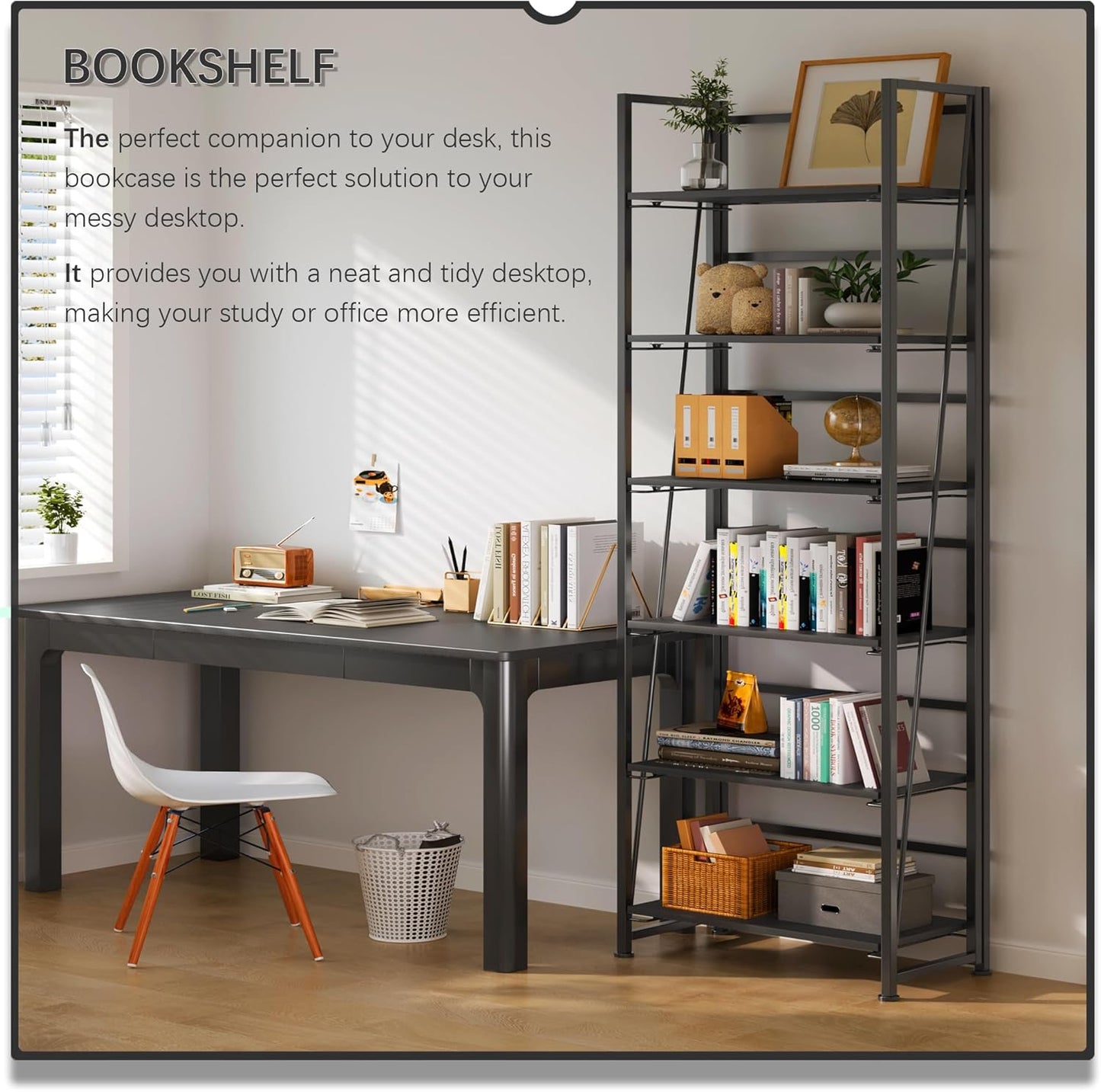 4NM No Assembly Foldable Bookshelf, 6-Shelf Collapsible Bookcase Storage for Small Spaces, 74" H, All Black