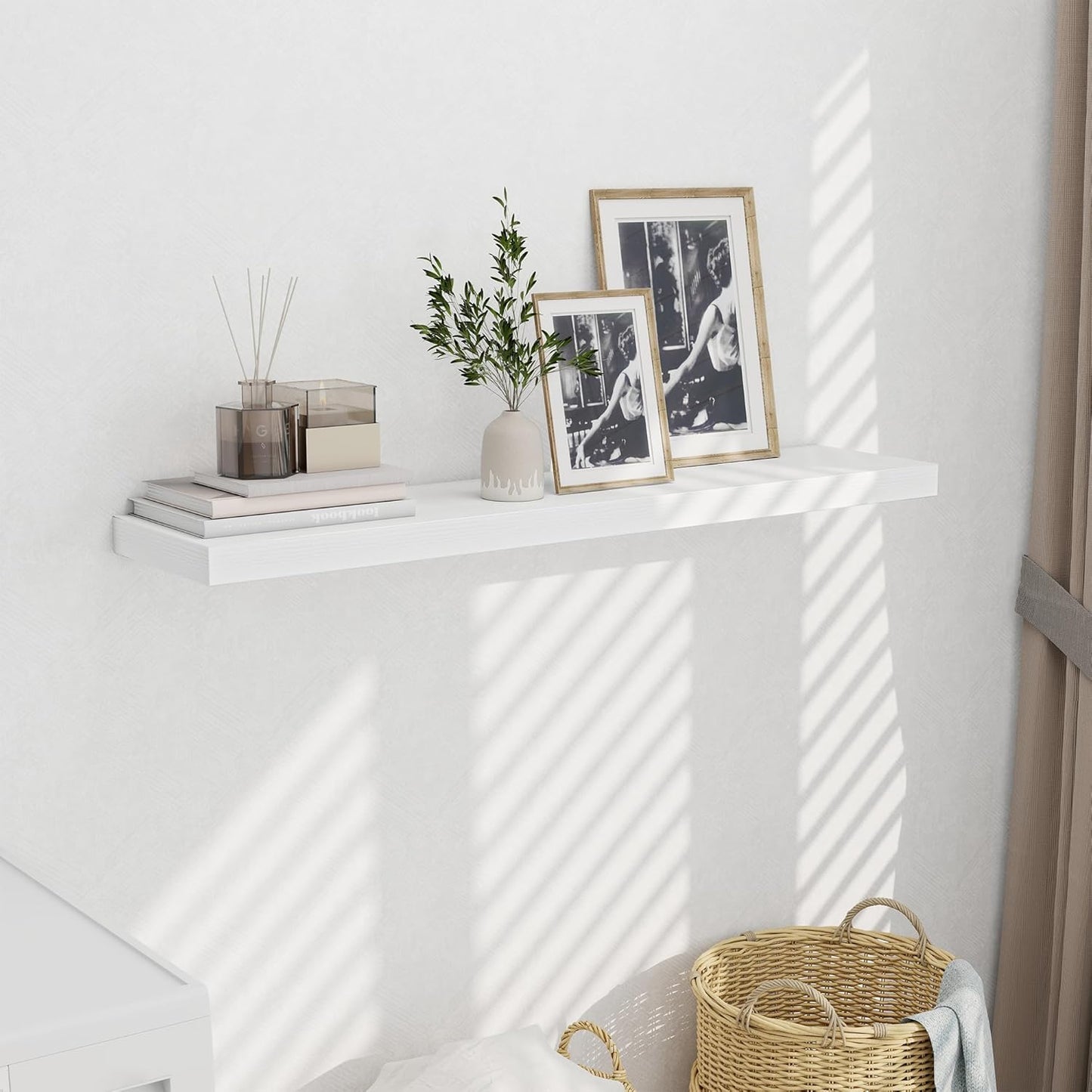 Fun Memories 10 Inch Deep Shelves, Floating Shelves for Wall 48 Inches Long, Wood Floating Shelves for Wall, Large Storage Shelves Wall Mount for Living Room Bedroom, White, Set of 1