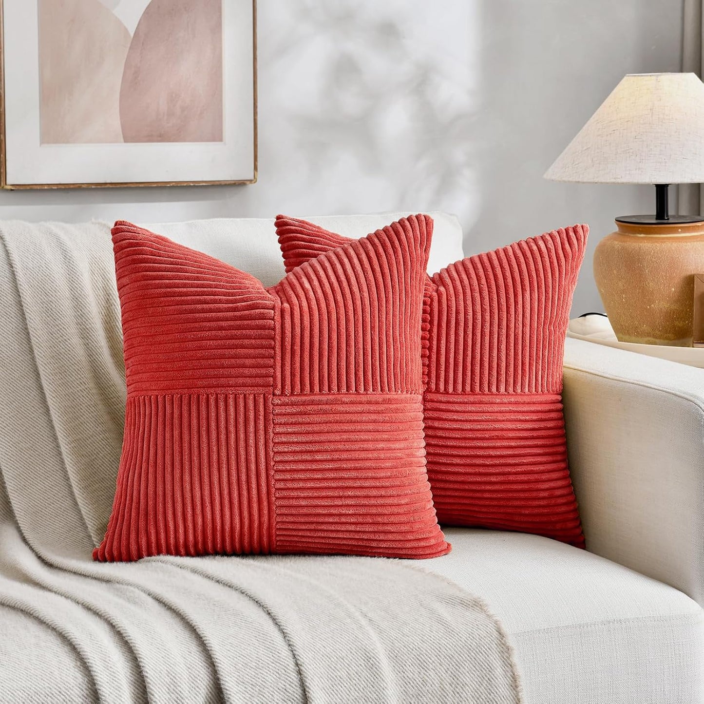 Fancy Homi 2 Packs Red Decorative Throw Pillow Covers 22x22 Inch for Living Room Couch Bed Sofa, Holiday Christmas Home Decor Gift, Soft Corss Corduroy Patchwork Accent Square Cushion Case 55x55 cm