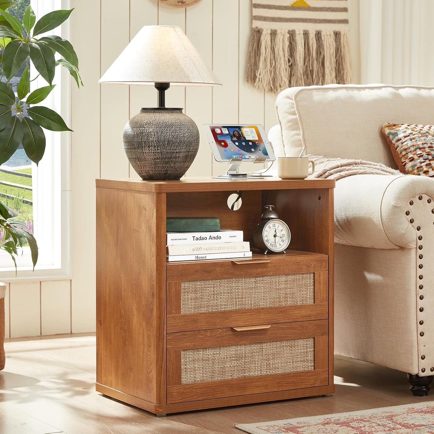 LEYAOYAO Boho Rattan Coffee Table and End Table Sets, 48" Wide Center Tables & 23" Night Stand with Charging Station Chest of Drawers, Brown Wood Coffee Table for Living Room 3 Piece Set