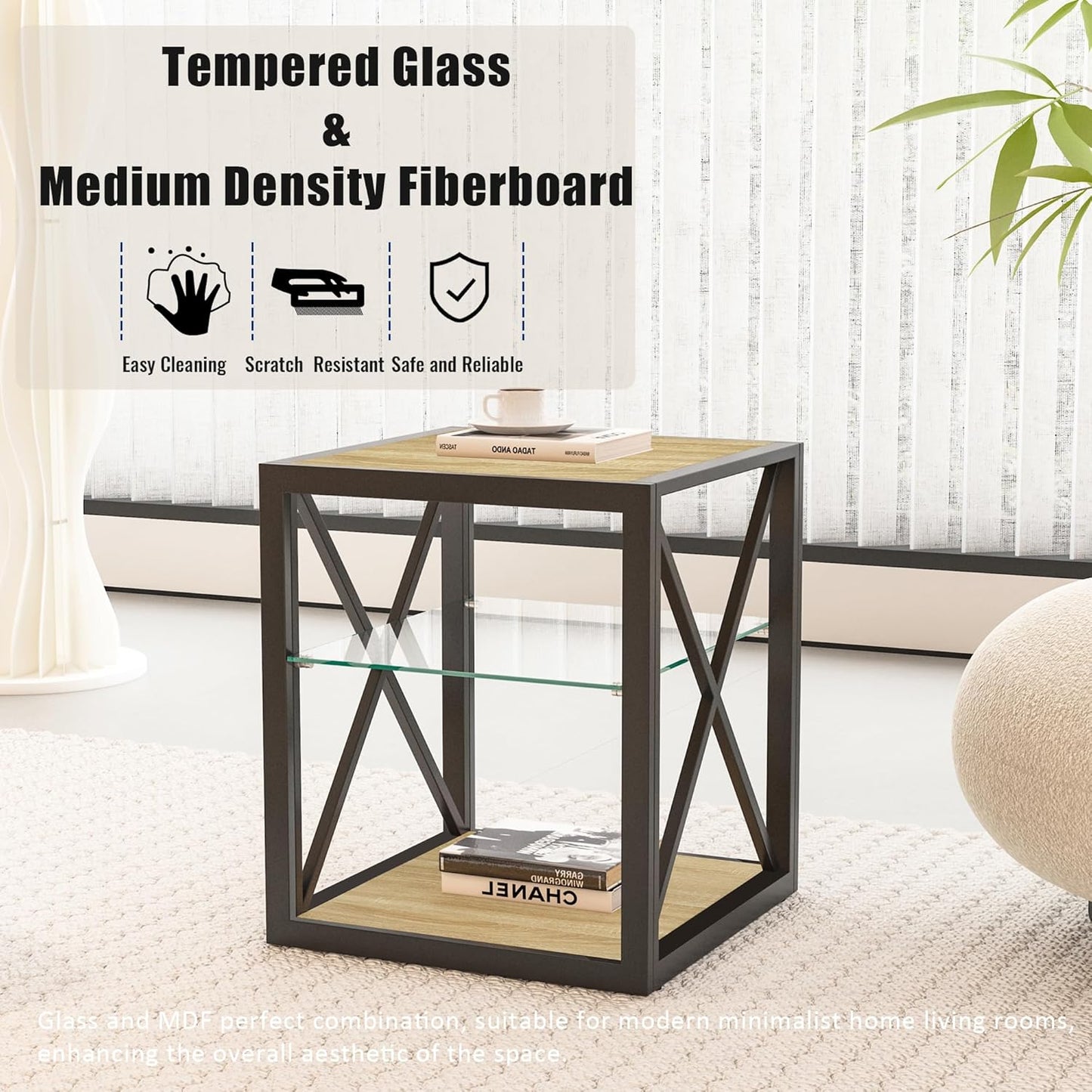 Farmhouse End Table, Modern Side Table with 3-Tier Storage Shelf, Square Rustic Nightstand, Accent Tea Table, for Bedroom Office Living Room, Brown, Natural Wood, Glass, Metal