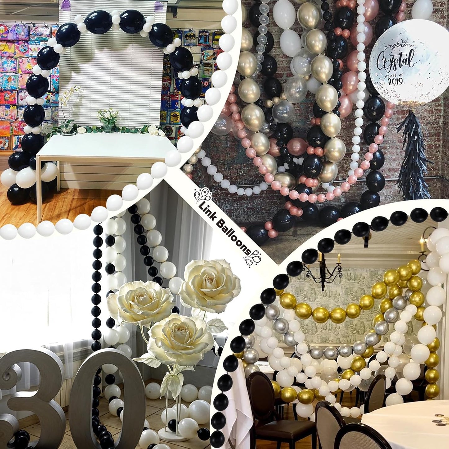 Black and White Quick Link Balloons, 100PCS Latex Linking Balloons for Making Balloon Wall Balloon Arch Balloon Chains and Wedding Birthday Baby Shower Engagement Graduation Party Decorations (10inch)