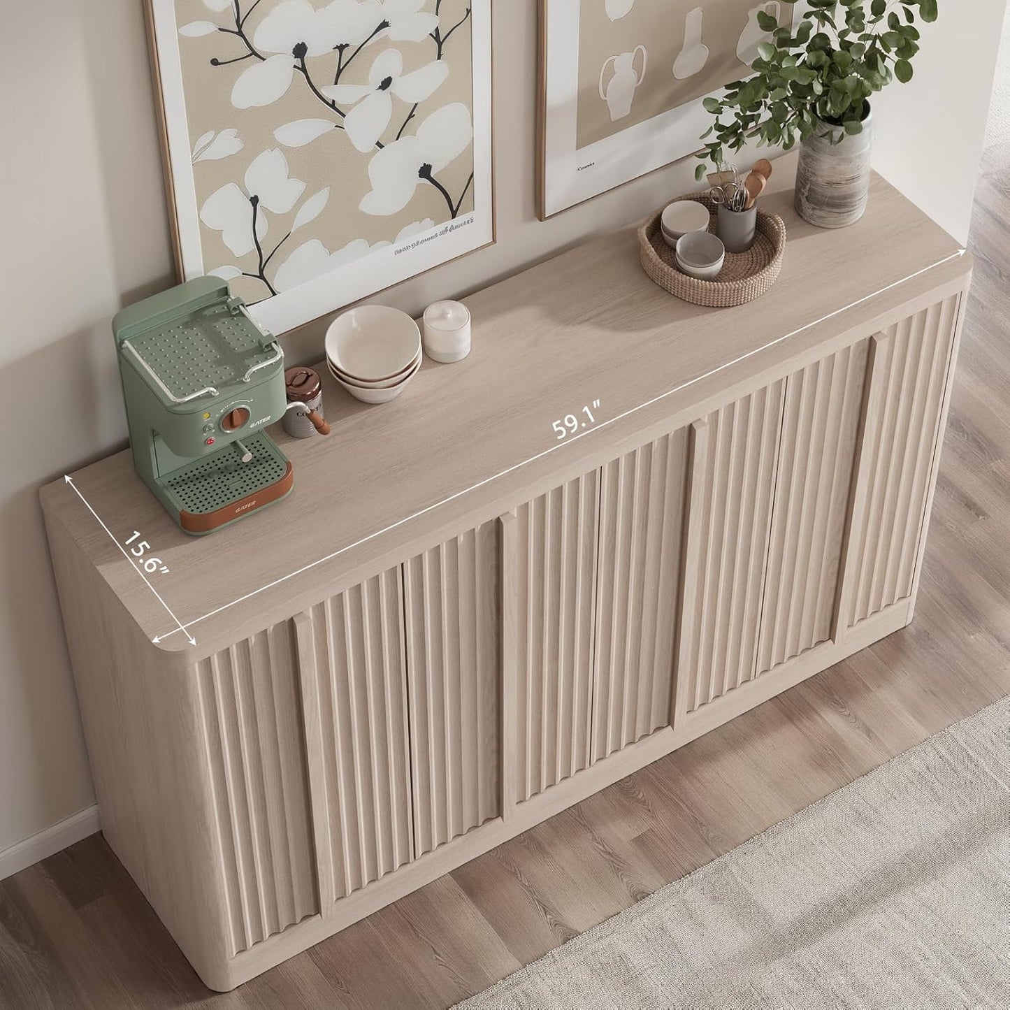 Fluted Buffet Cabinet with Storage, 120" Sideboard Buffet Storage Cabinet with 8 Doors & Solid Wood Handle, Coffee Bar Wood Credenza Cabinet for Kitchen, Dining Room, Living Room, Natural Oak(2PCS)