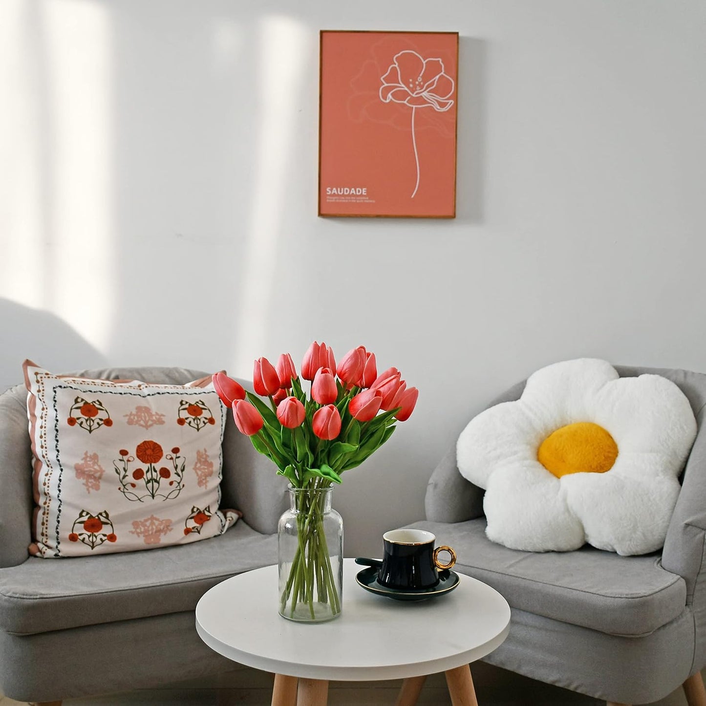 Mandy's Artificial Tulips 20 Stems Coral PU Faux Flowers for Wedding Home Decor 13.5 Inch