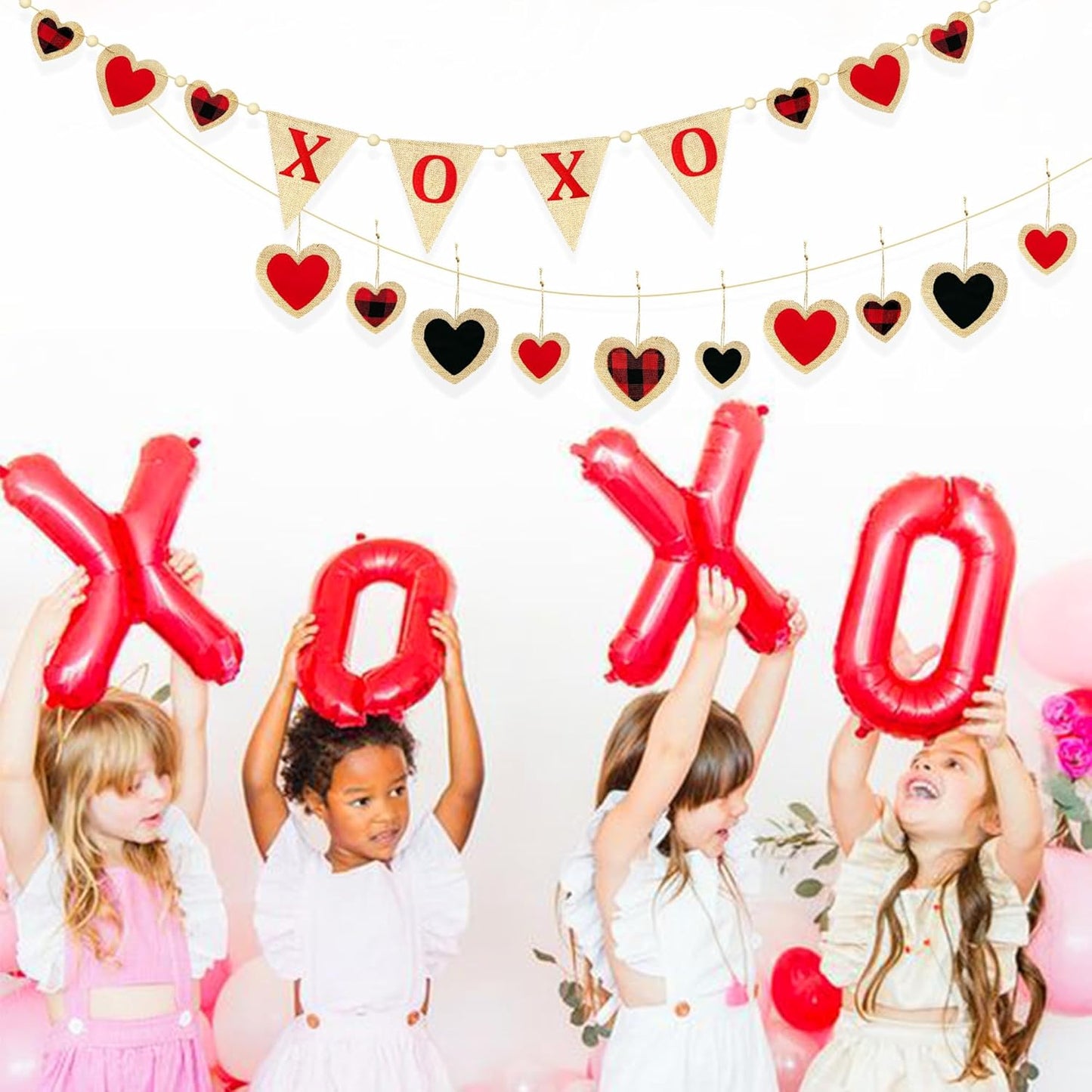 Valentine’s Day Party Decorations Felt XOXO Sign Triangle Pennant Banner Flag Buffalo Plaid Red Black Heart Burlap Garland with Wood Beaded for Wedding Birthday Valentine’s Day Party Supplies