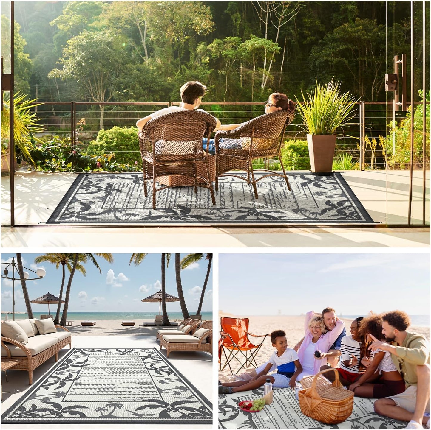 COCOER Outdoor-Rug 6x9 ft Waterproof Reversible Outdoor Plastic Straw Rug RV Indoor Outdoor Carpet Quick Dry Patio Rug Camping Mat for Balcony Backyard Picnic Beach-Grey&Beige