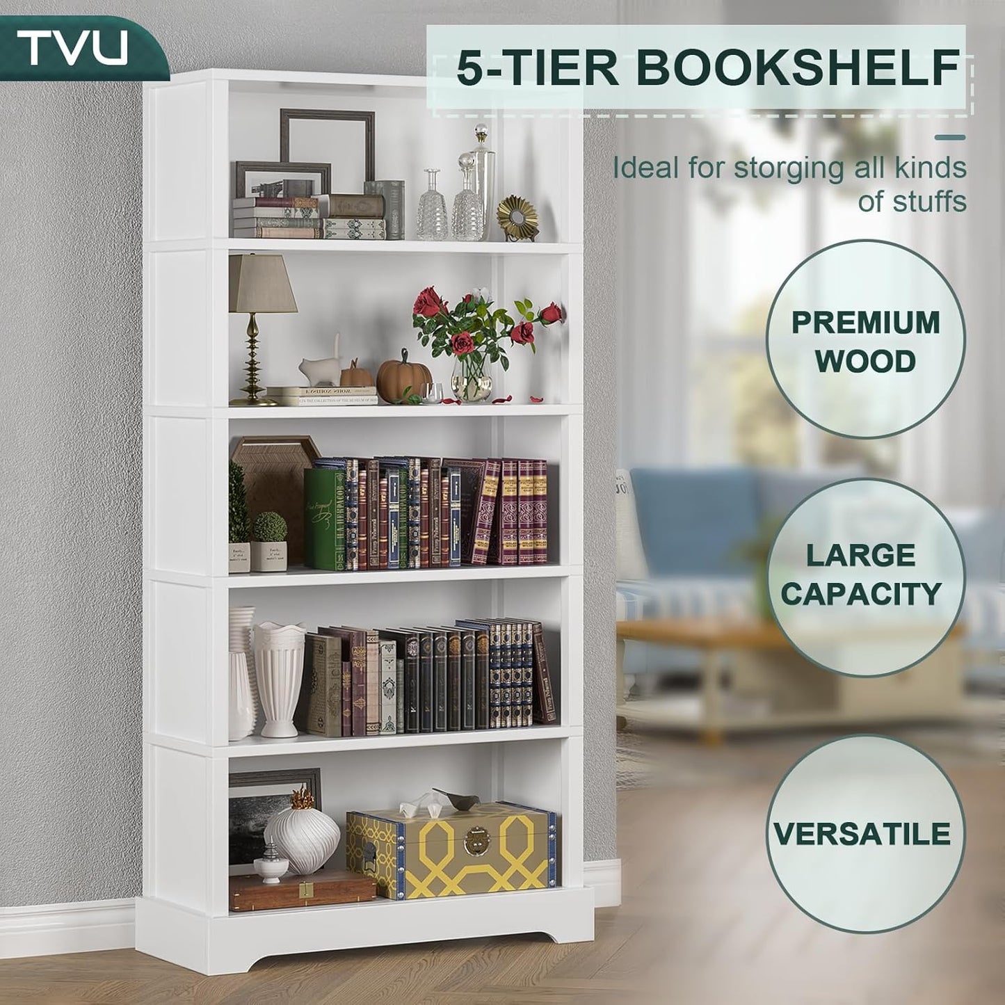 TVU 5-Shelf Wood Bookcase, 65 Inch Tall Bookshelf with Storage, Floor Standing Display Book Shelf,for Living Room Bedroom Study Office, White