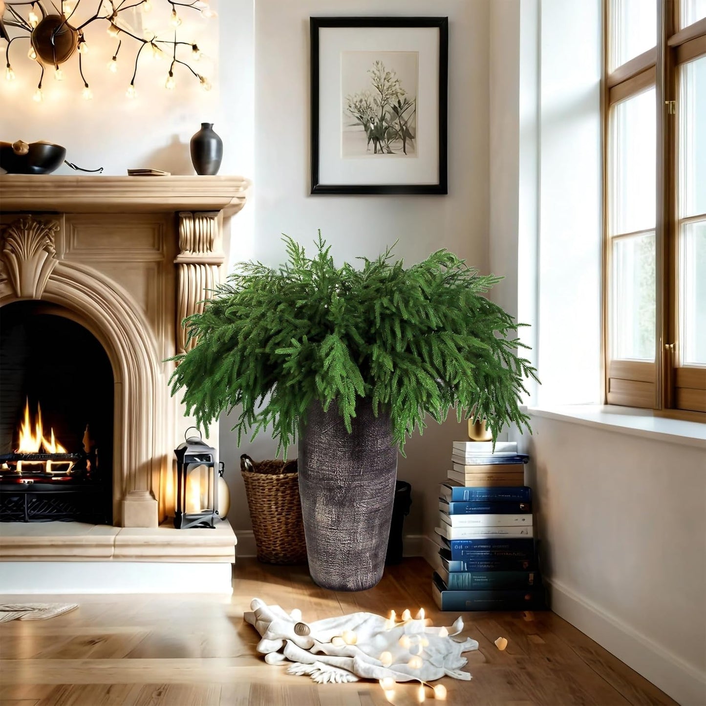 12Pcs Artificial Norfolk Pine Branches 36" Plastic Christmas Plants Decor Faux Greenery Stems Pine Picks Outdoor Faux Plants UV Resistant for Xmas Indoor, Front Porch Home Décor (12, 36inch)