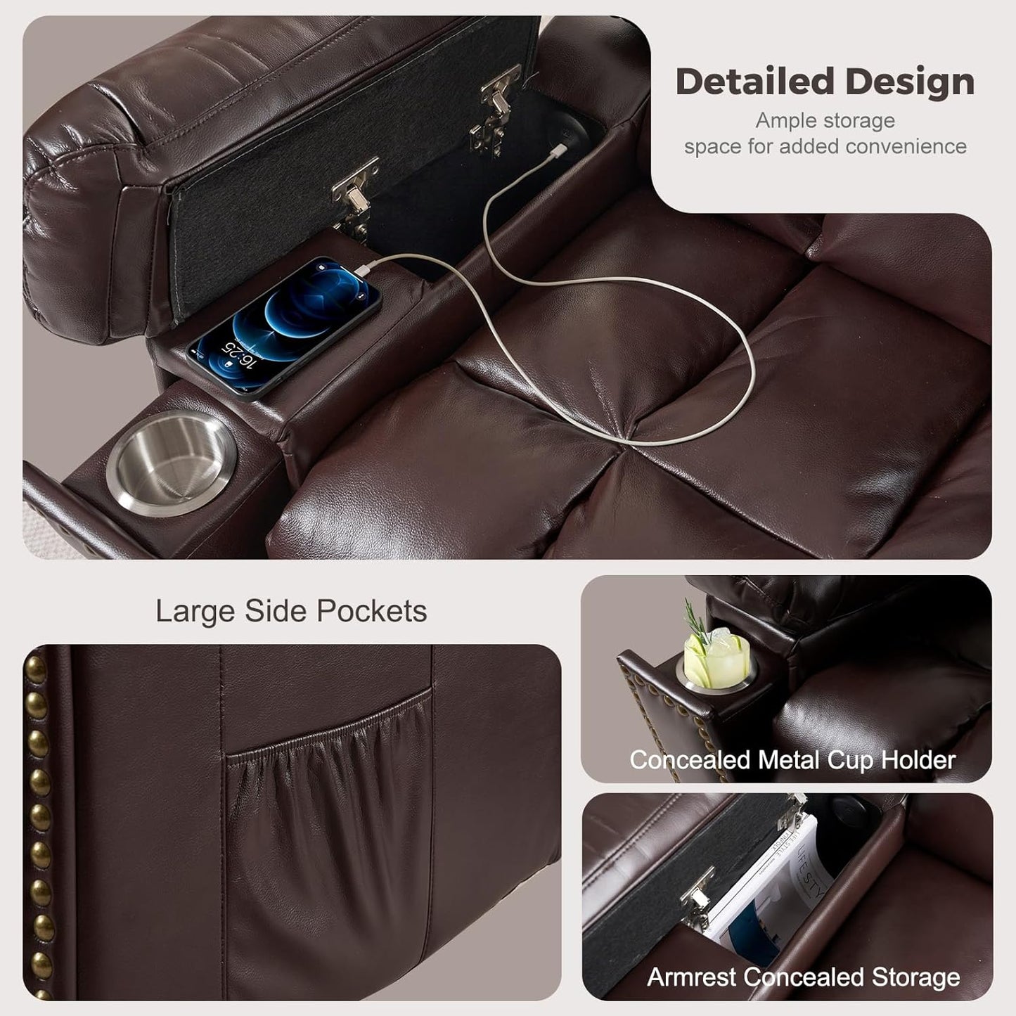 Electric Power Lift Recliner Chair for Elderly with Heat & Massage, Breathable Leather Large Reclining Chairs w/2 Concealed Cup Holders for Seniors Home Living Room,Set of 2,Brown