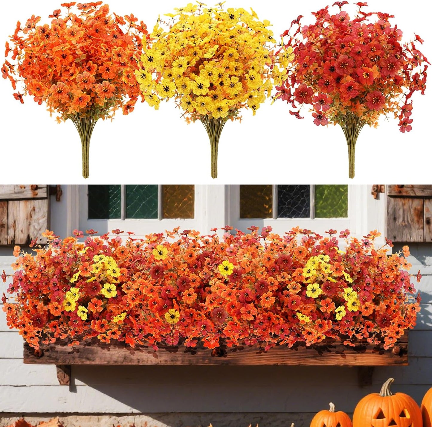 12 Bundles Artificial Fall Flowers Faux Mums for Outdoor Indoor, Artificial Plants Daisy Faux Plants Fake Mums for Fall Decor Pots Patio Garden Porch Autumn (Orange,Brown,Yellow) (12)