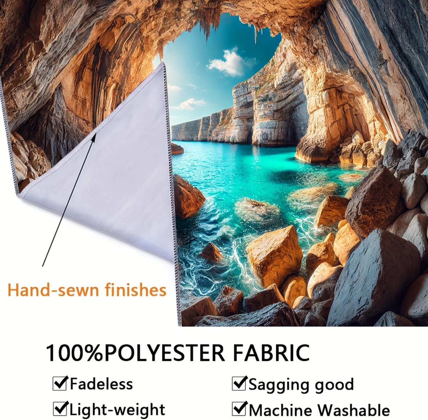 BSFHH Nature Tapestry Forest Tree Sea Cave Wall Hanging, Stream Through Rainforest Landscape Wall Art Tapestry for Bedroom Living room (Cave Sea View, 90"×70", Unframed)