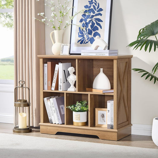 Farmhouse 5 Cube Bookshelf, Storage Organizer Bookcase, Kids Toy Storage Cabinet, Small Bookshelves Storage Organizer Shelf, Wood Display Cabinet Book Shelves for Bedroom,Living Room,Natural Oak