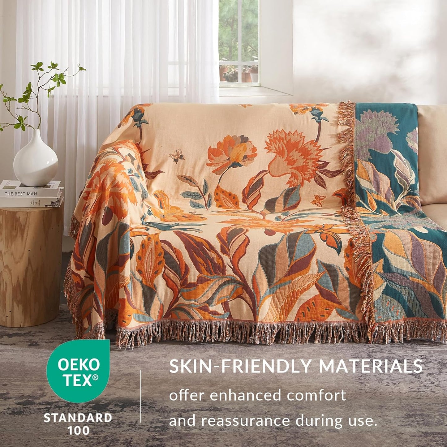 Boho Throw Blanket for Couch Sofa Bed, 100% Cotton Woven Quilt with Tassel 60”x80”, Super Soft Muslin Blanket with Floral Printed, Decorative Reversible Bed Blanket/Cover for All Seasons