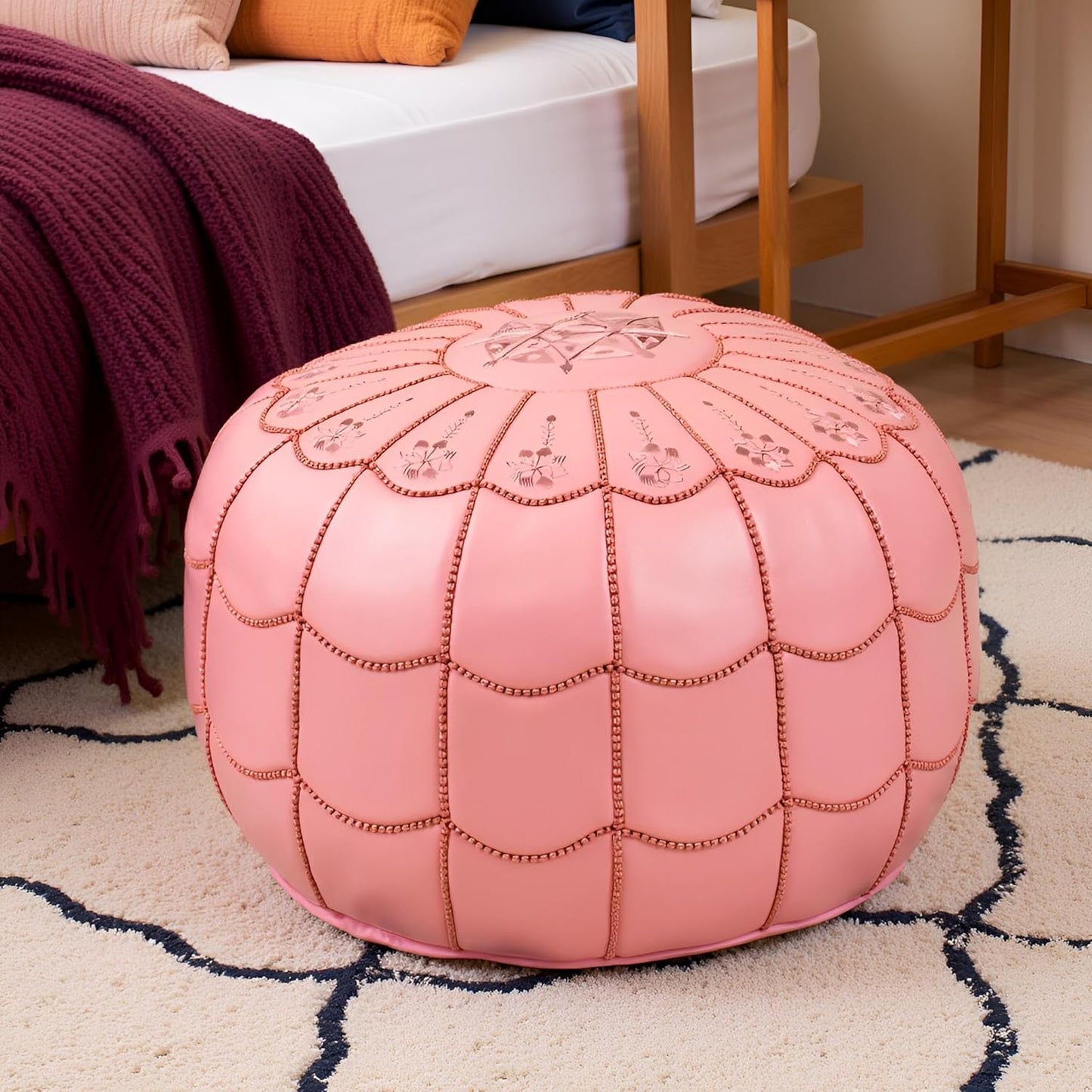 Stuffed Arch Design Moroccan Leather Pouf Ottoman, Handmade, Pre-Filled, 100% Genuine Leather, 14” Height x 22” Diameter – Boho Chic Footstool & Living Room Décor (Pink)