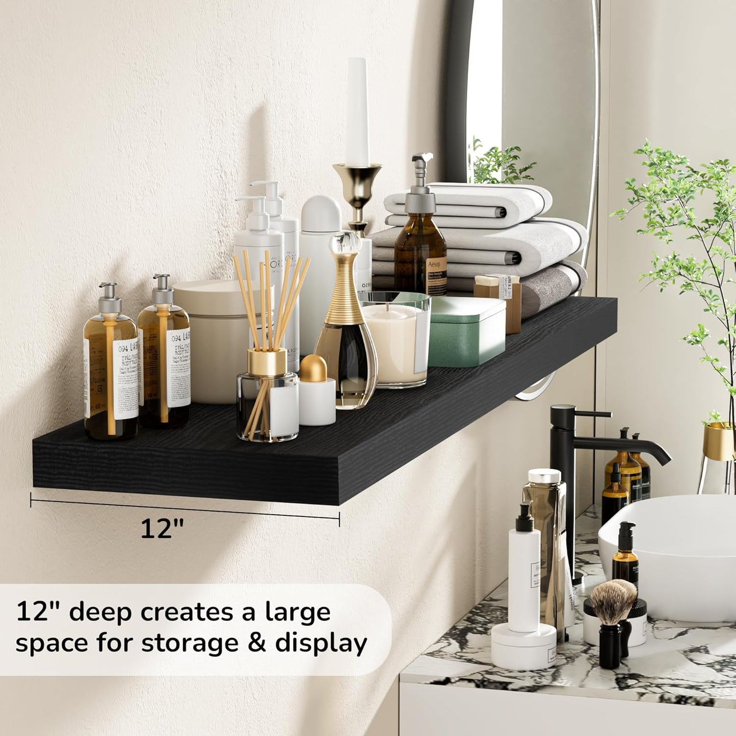 Fun Memories Floating Shelves - 12 Inch Rustic Wooden Wall Shelves - Extra Deeper & Thicker Wall Mounted Storage Shelf for Living Room, Kitchen, Farmhouse - 48" W x 12" D x 1.8" H - Rustic Black