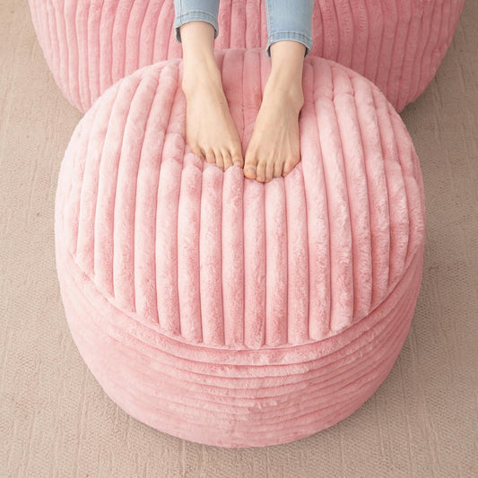 HIGOGOGO Round Stuffed Pouf Ottoman, Stripe Faux Fur Poufs with Foam Chunk Filling, Furry and Fluffy Pouf Foot Stool Storage Ottoman, 20 X 15 Floor Poufs Foot Rest for Living Room, Pink