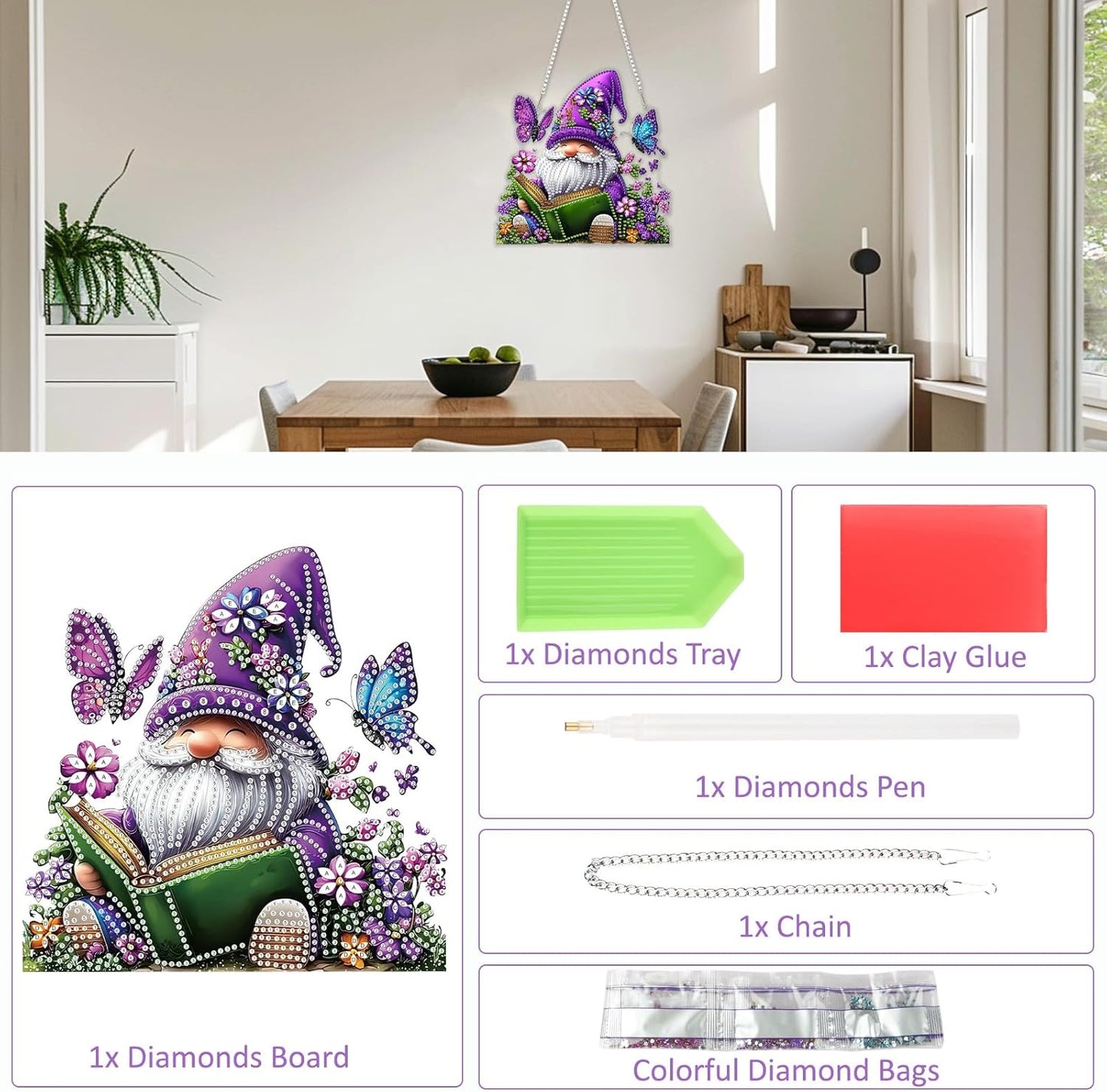 SENQAO Gnome Diamond Art Hanging Kit for Adult, Special Shaped Rhinestone, Double Sided DIY Acrylic Diamond Art Painting Window Pendants Home Garden Wall Hanging Kits Hanging Ornament(Butterfly Book)