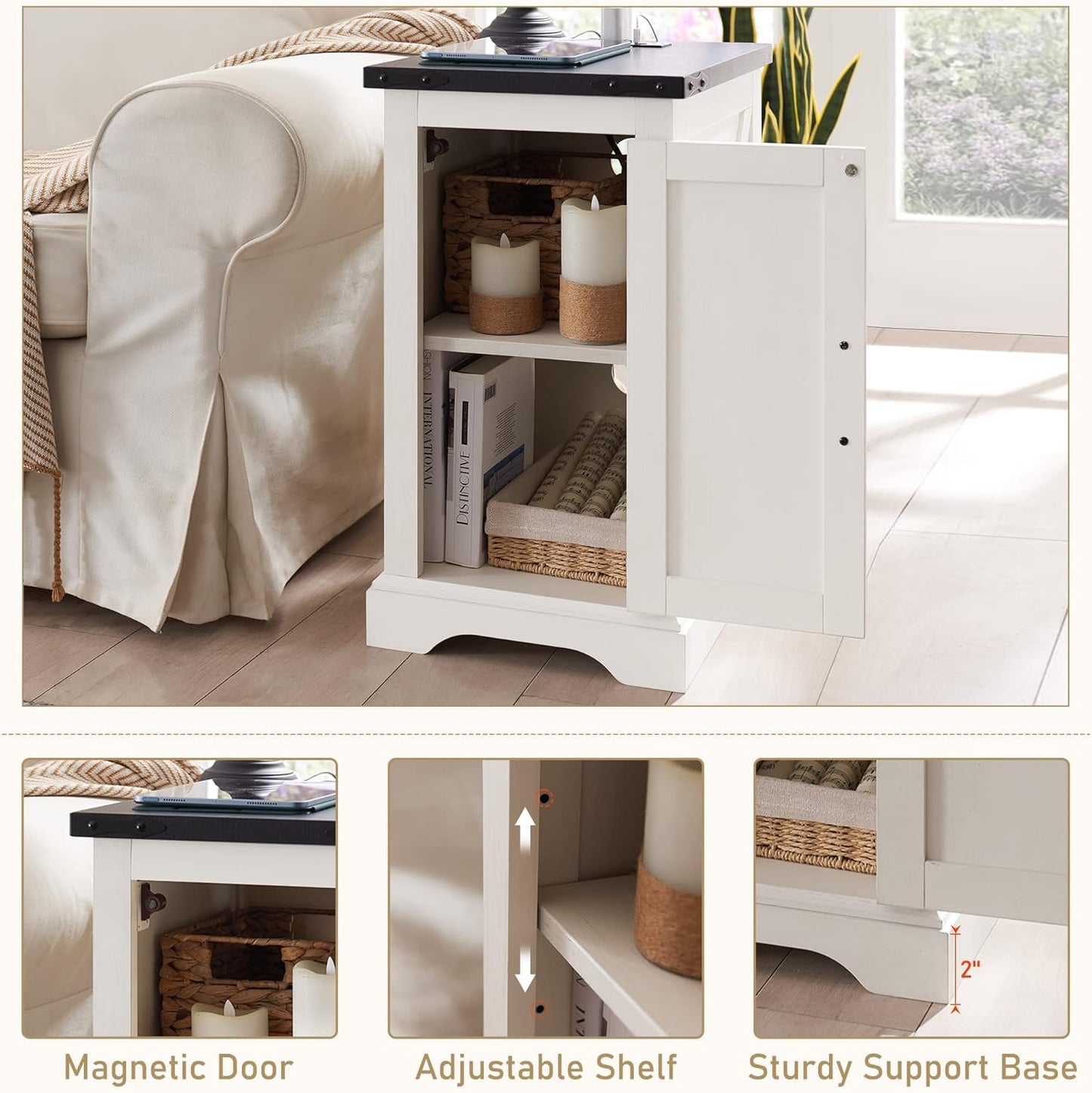 JXQTLINGMU Farmhouse Nightstand Set of 2 with Charging Station, 17" D Rectangular End Table with Barn Door & Adjustable Storage Shelf, Wood Rustic Sofa Side Table for Living Room, Bedroom, White