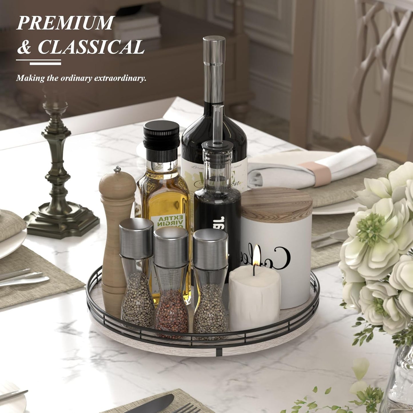 12" Farmhouse Lazy Susan for Kitchen & Coffee Table Decor β Rustic Wood Tray with Black Metal Frame, Decorative Centerpiece for Dining Room, Ottoman, Living Room, Serving or Vanity Use