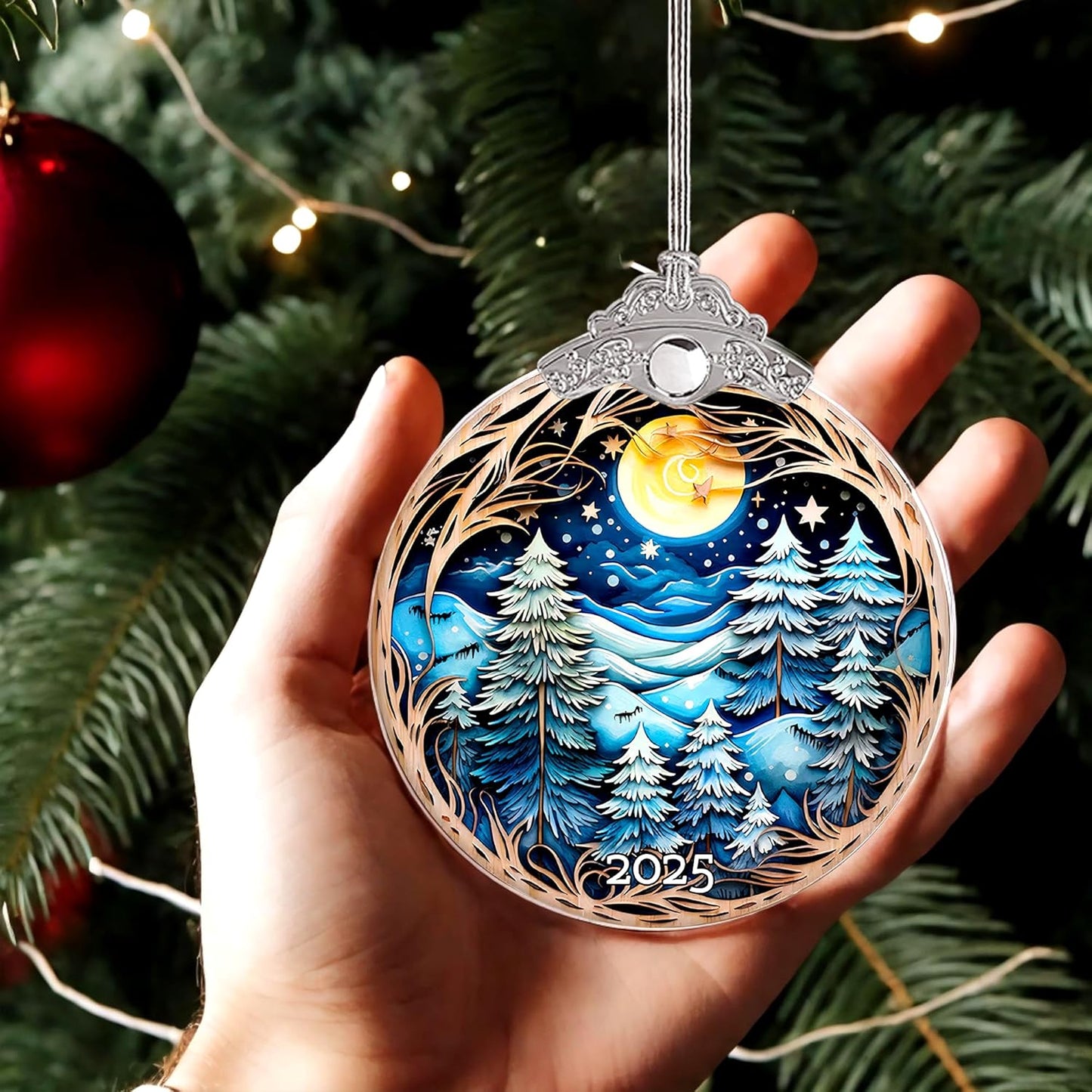 Christmas Ornaments, Winter Night Landscape 2025 Christmas Ornament, Large Acrylic Ornaments for Christmas Tree, White Elephant Gifts, Christmas Decor (Blue Forest)