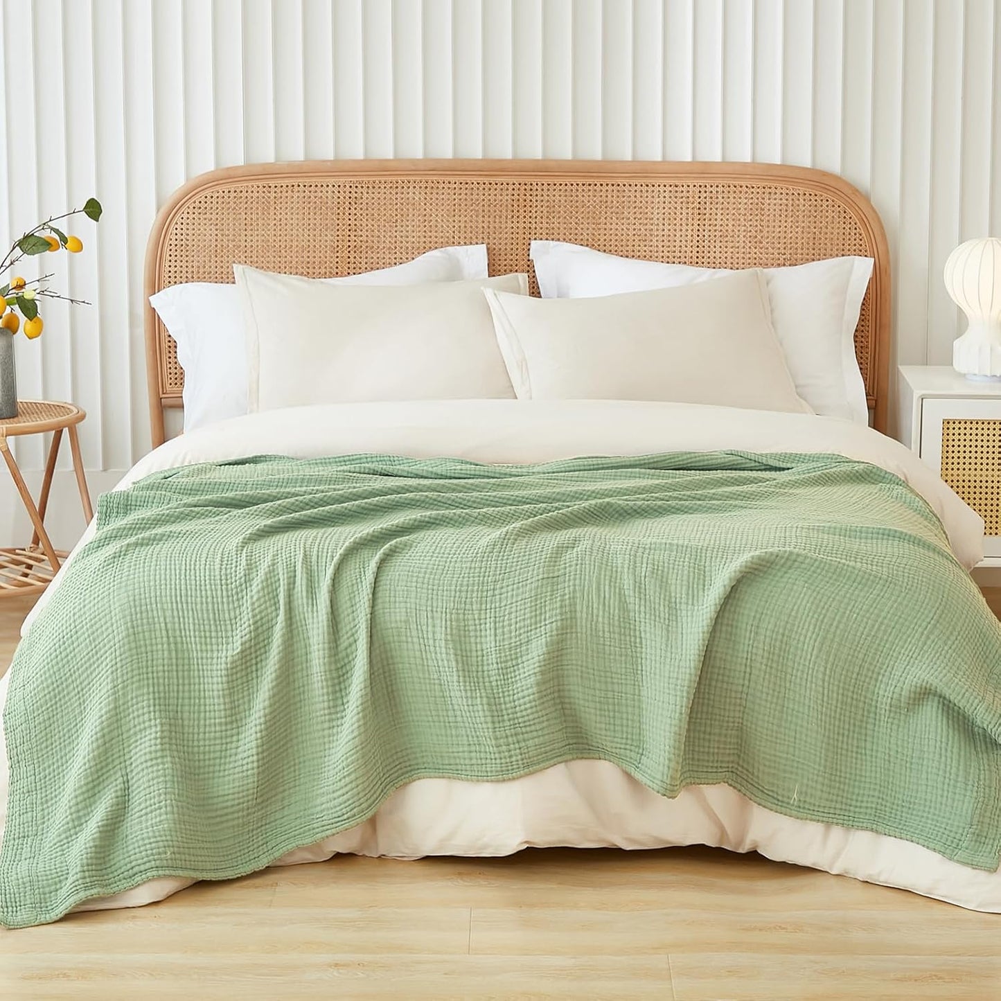 EMME Cotton Throw Blanket for Couch Soft Airy Muslin Bed Blankets Lightweight Breathable Blanket All Season Gauze Blanket, Sage Green